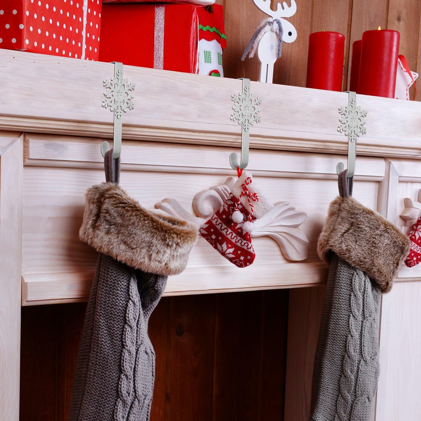 Gisafai 12 Pcs Metal Snowflake Christmas Stocking Holders Black Mantle Hooks