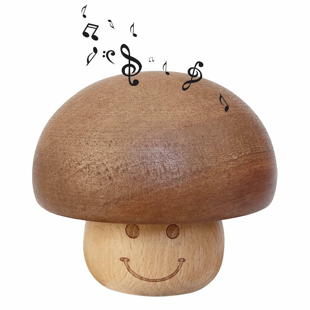YUNBIAOSEN Wooden Mushroom Music Box Clockwork Smile Design 8x5cm