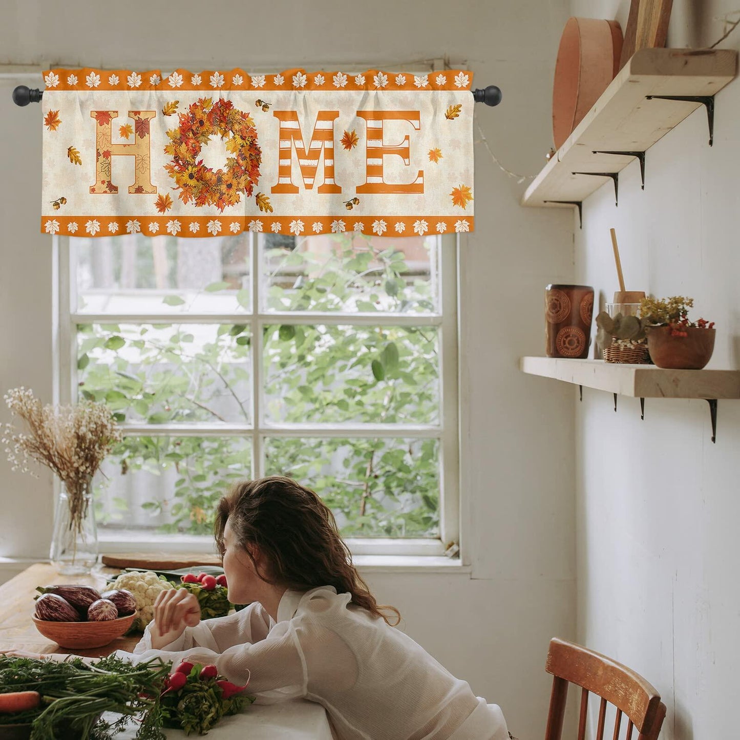 BEMIGO Fall Window Valance Curtains 42x18in Orange Pumpkin Maple Leaves