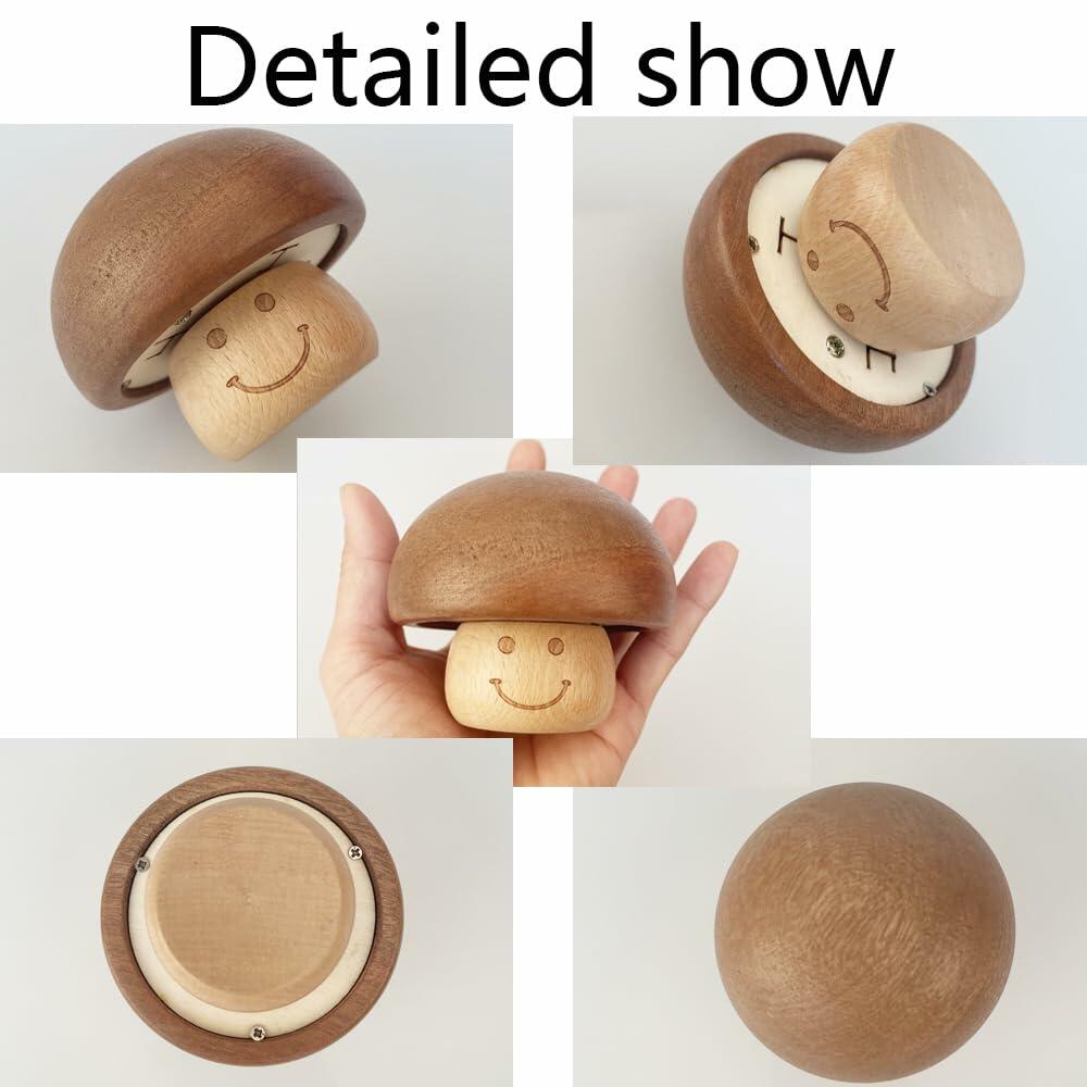 YUNBIAOSEN Wooden Mushroom Music Box Clockwork Smile Design 8x5cm