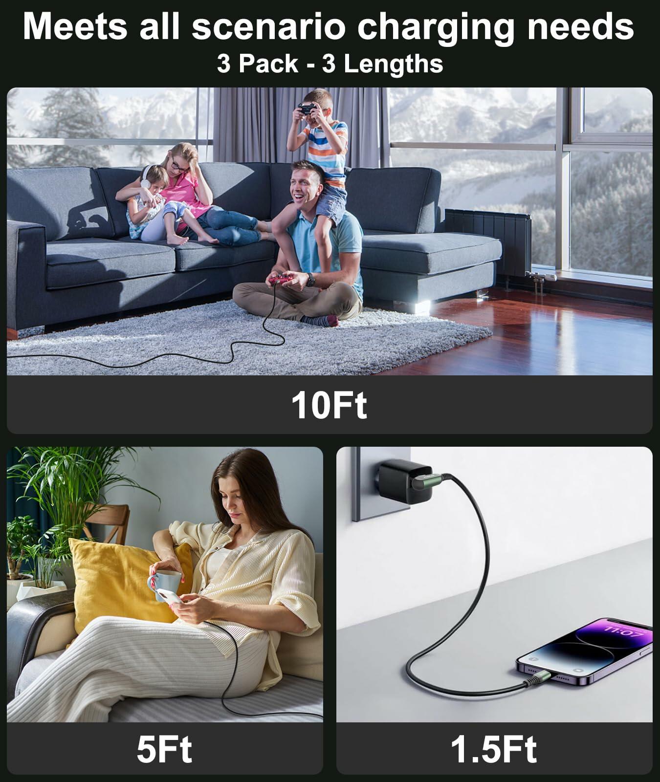 Kobilar USB C Charger Cord Right Angle Fast Charger 3 Pack 1.5/5/10ft Black