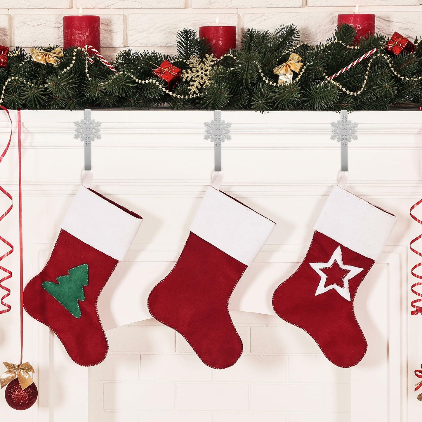 Gisafai 12 Pcs Metal Snowflake Christmas Stocking Holders Black Mantle Hooks