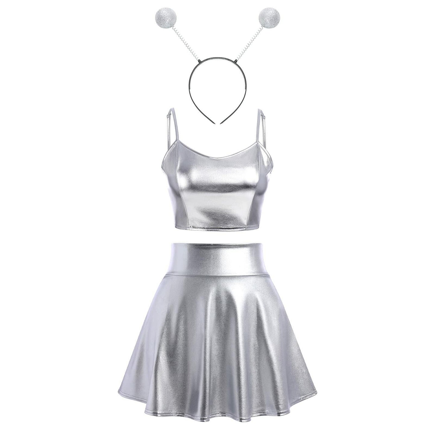 Alien Costume Women Metallic Crop Top Skirt Headband Silver Size 2XL