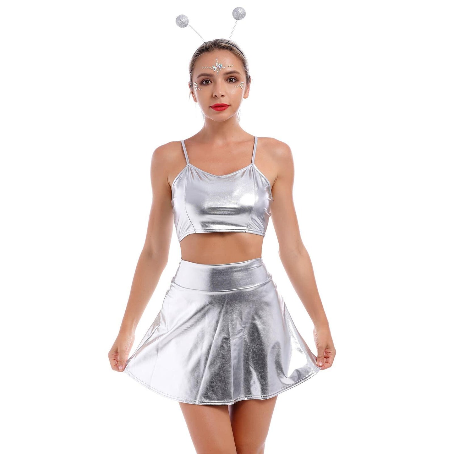 Alien Costume Women Metallic Crop Top Skirt Headband Silver Size 2XL