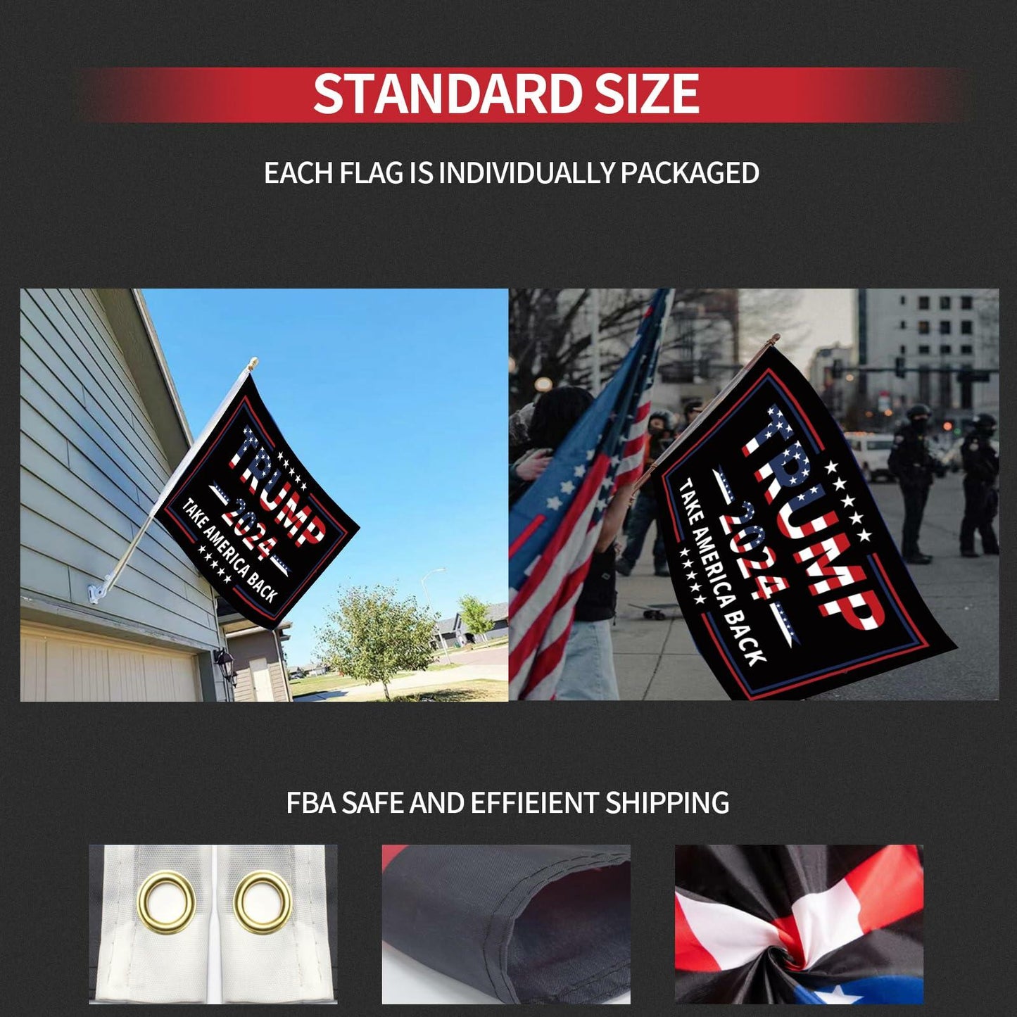 Trump 2024 Flag 3x5 Double Sided 3 Ply UV Resistant Black Brass Grommets