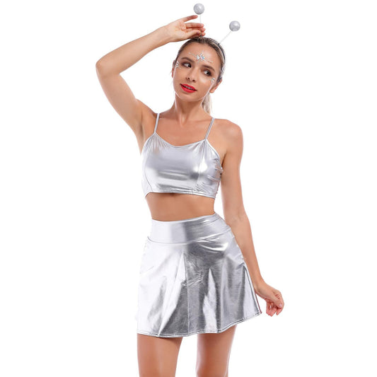 Alien Costume Women Metallic Crop Top Skirt Headband Silver Size 2XL