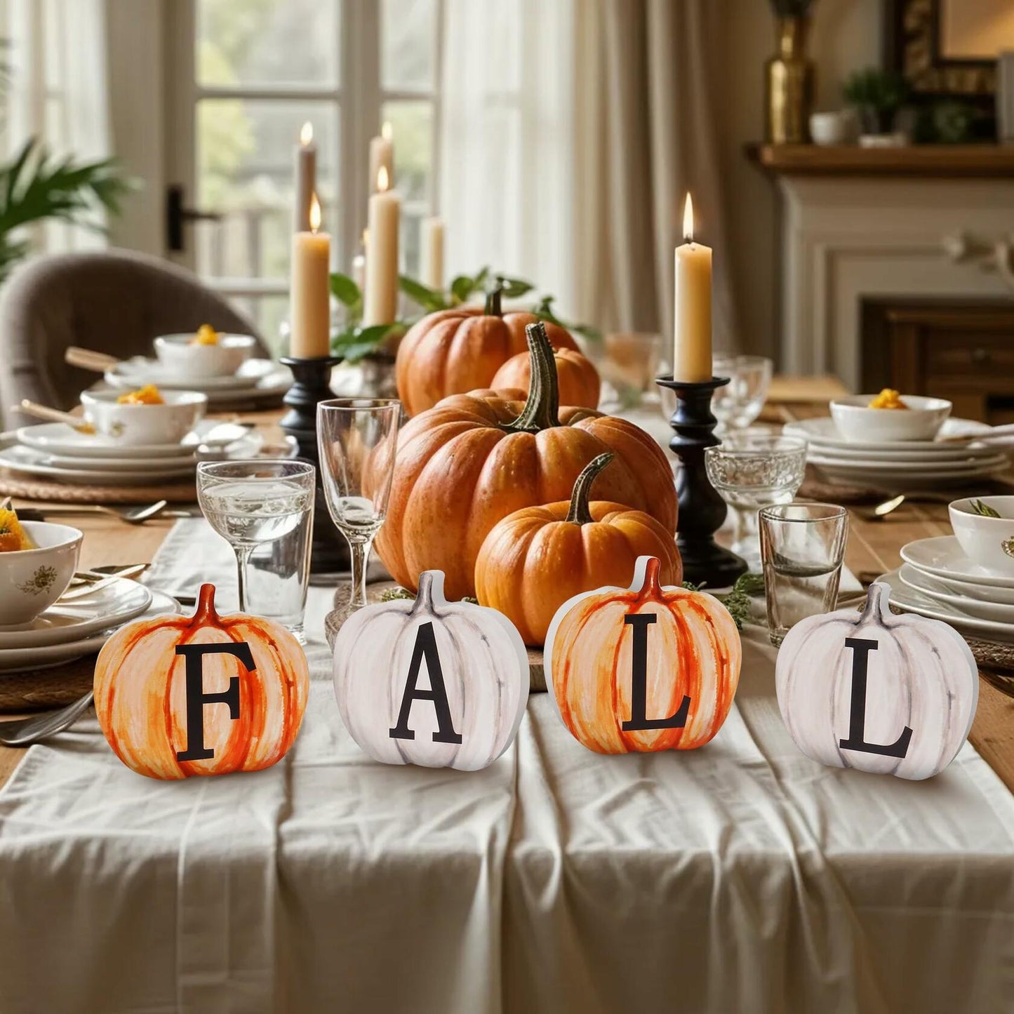 Popest 4 PCS Fall Pumpkin Decor Wood Sign Block Set White Farmhouse