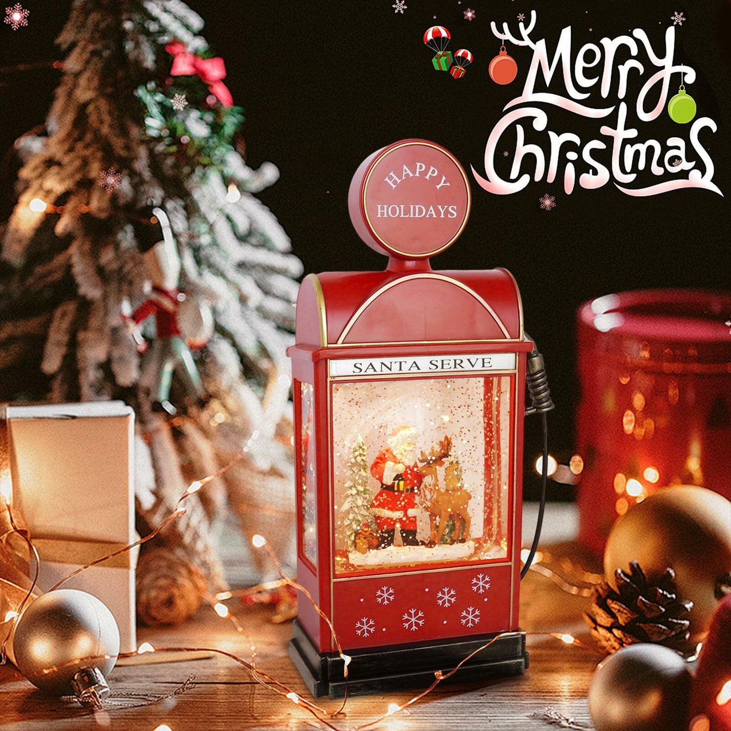 14.4" Christmas Snow Globe Musical Lighted Santa Tree Elk Scene Red