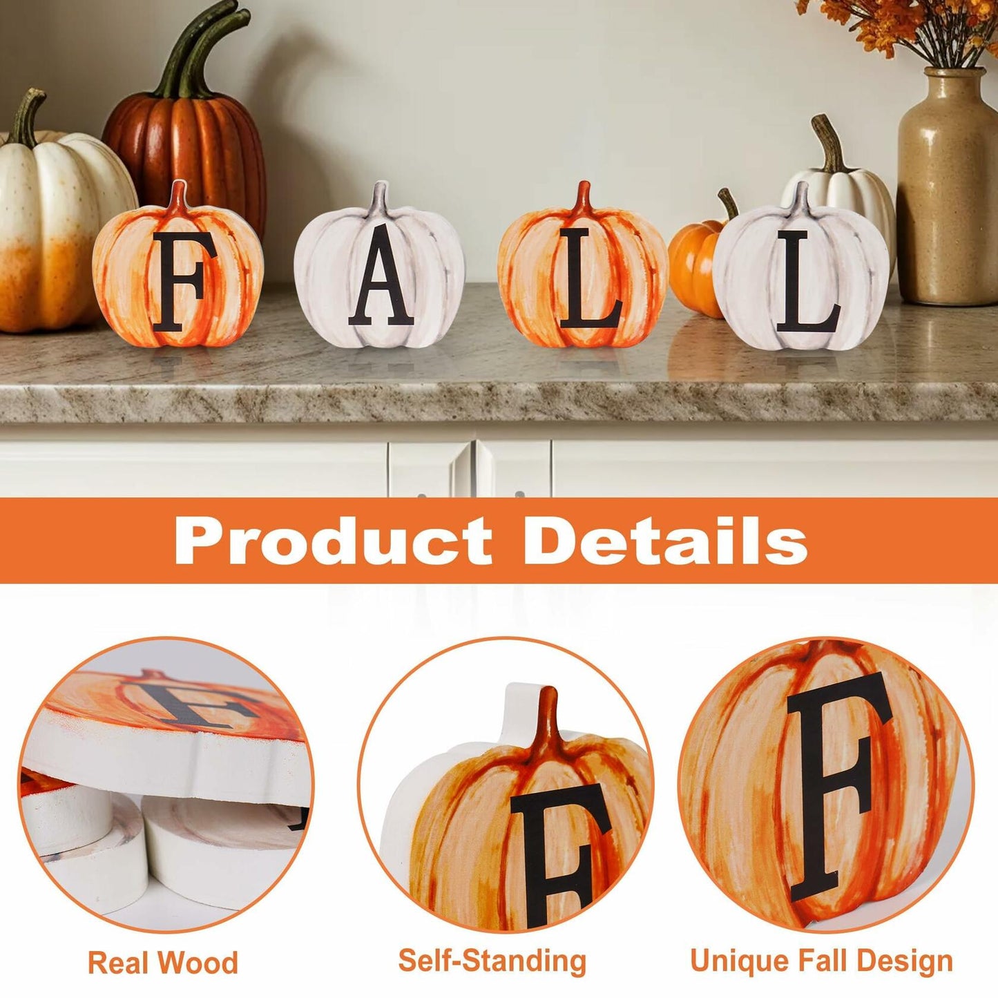 Popest 4 PCS Fall Pumpkin Decor Wood Sign Block Set White Farmhouse