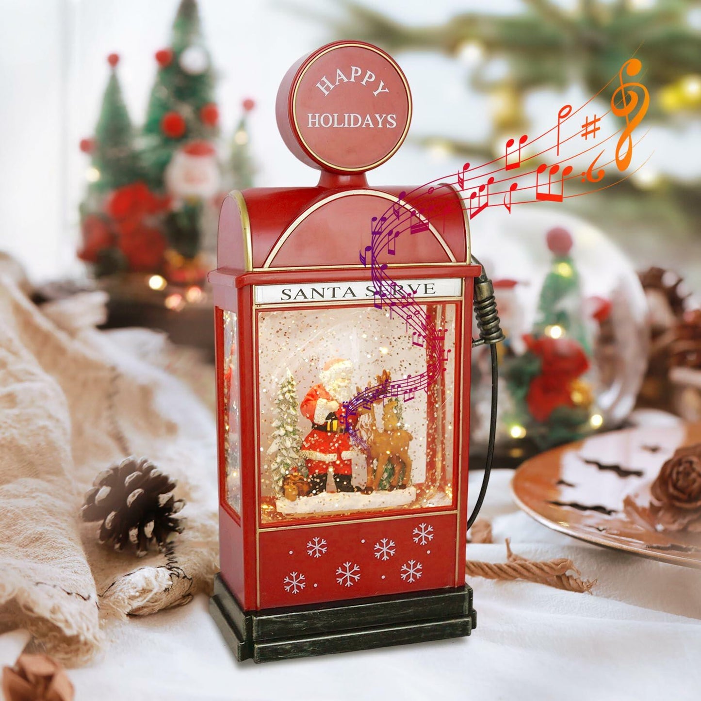 14.4" Christmas Snow Globe Musical Lighted Santa Tree Elk Scene Red