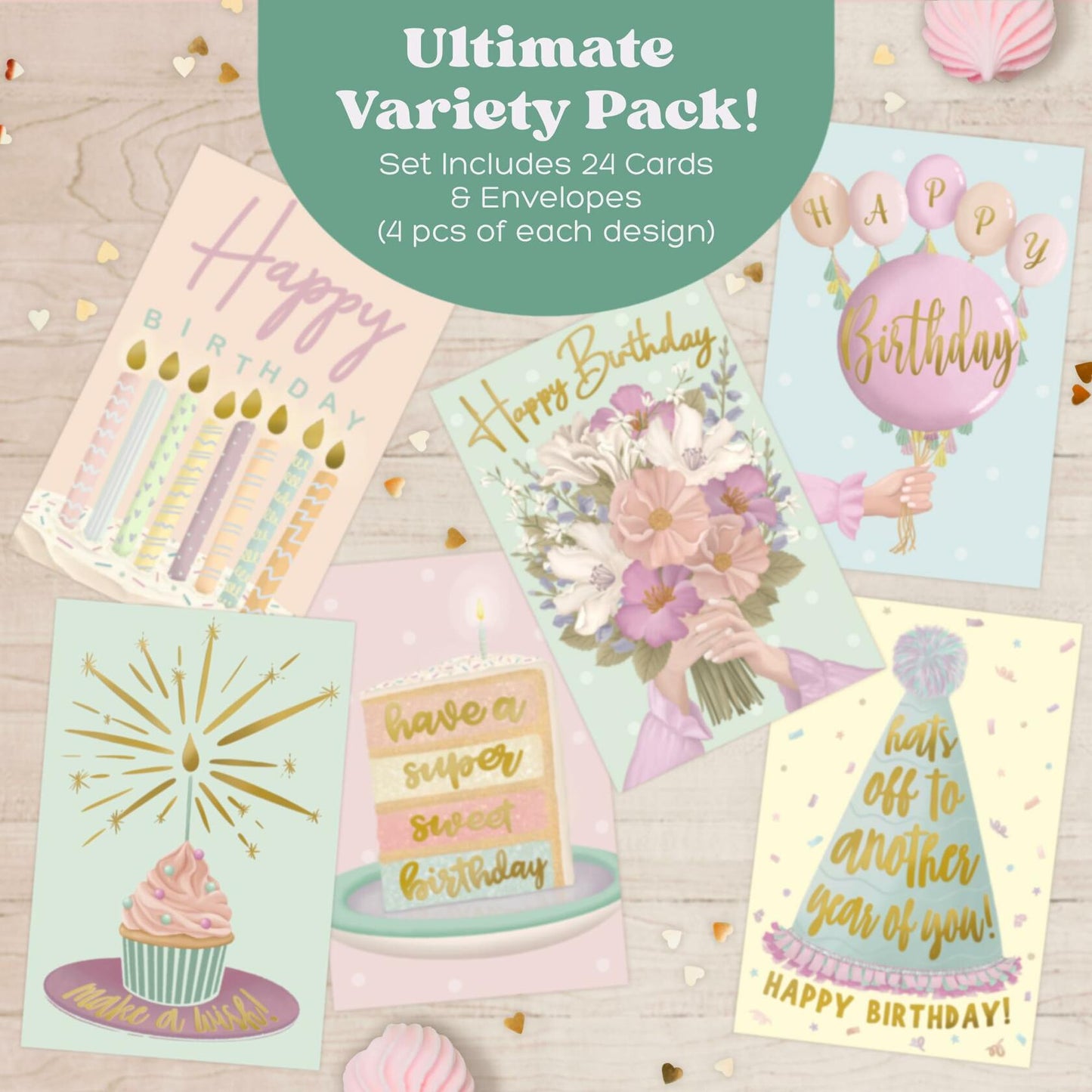 Birthday Cards Assortment Women Gold Foil 4x6 Envelopes 24 Pack