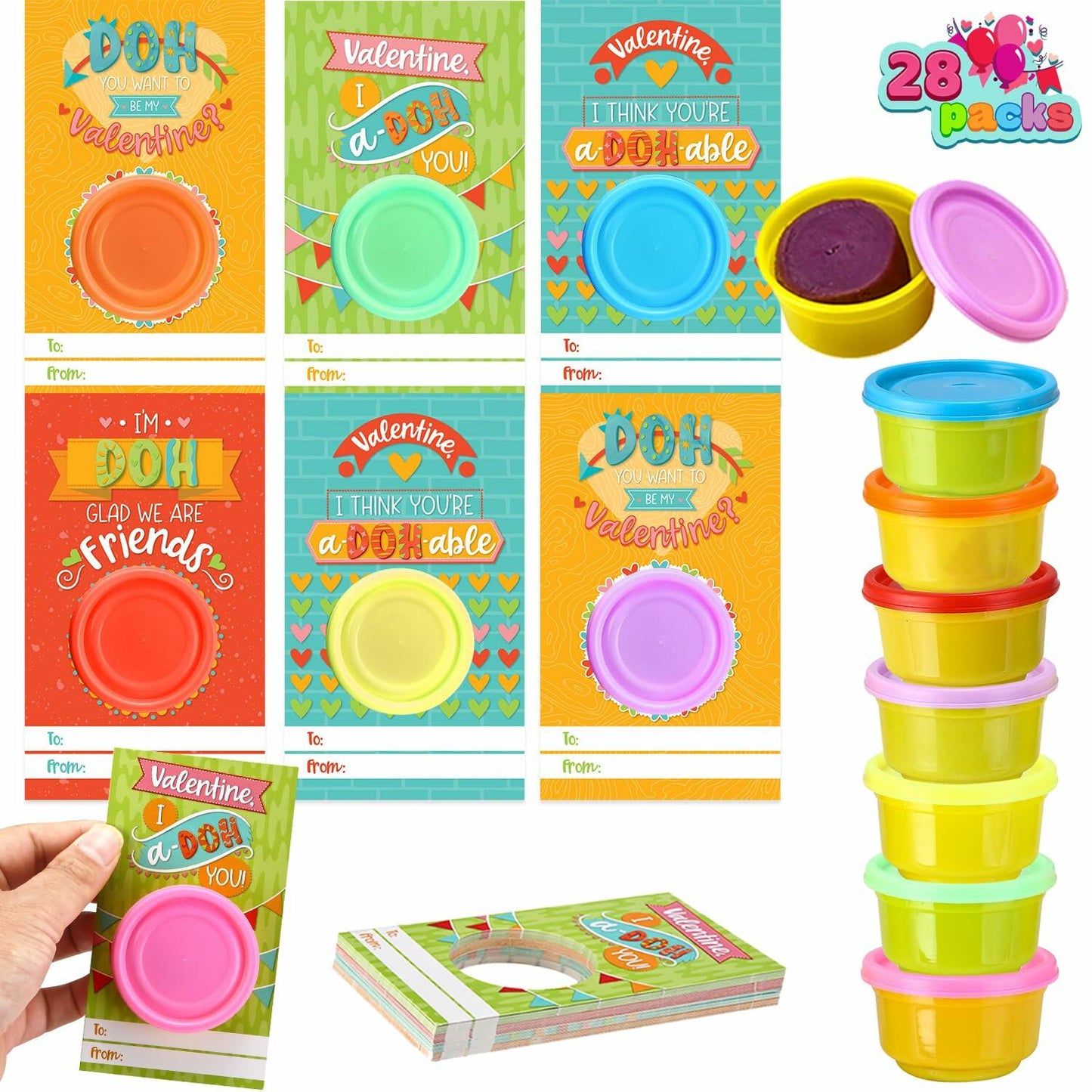 JOYIN 28 PCS Valentine Gift Cards with Colorful Playing Dough Kids Party Favors