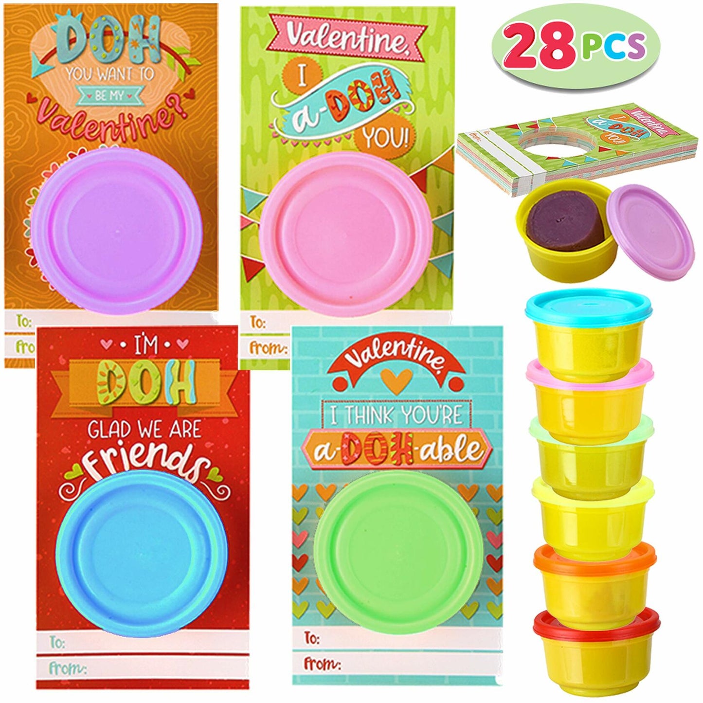 JOYIN 28 PCS Valentine Gift Cards with Colorful Playing Dough Kids Party Favors