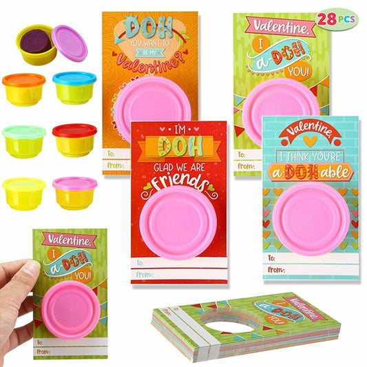 JOYIN 28 PCS Valentine Gift Cards with Colorful Playing Dough Kids Party Favors