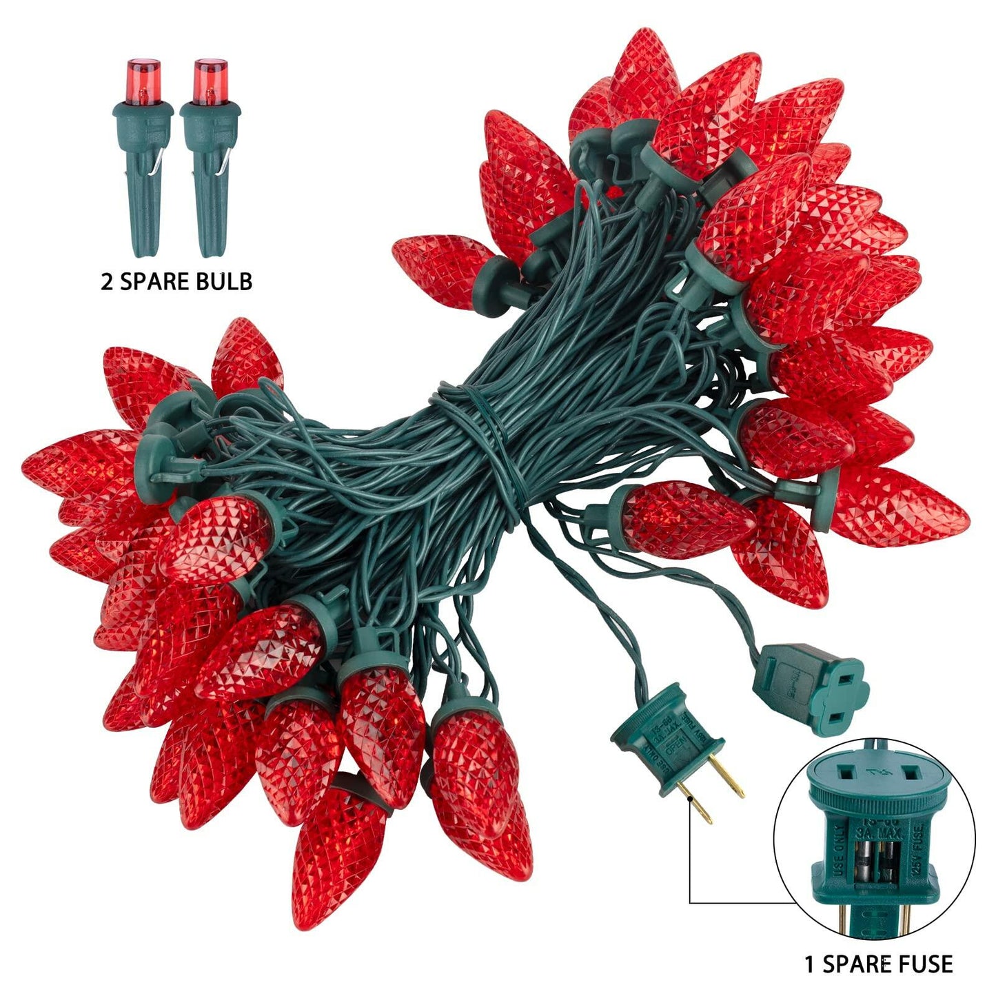 Brightown C9 LED Christmas String Lights 33ft 50 LED Red Waterproof Green Wire