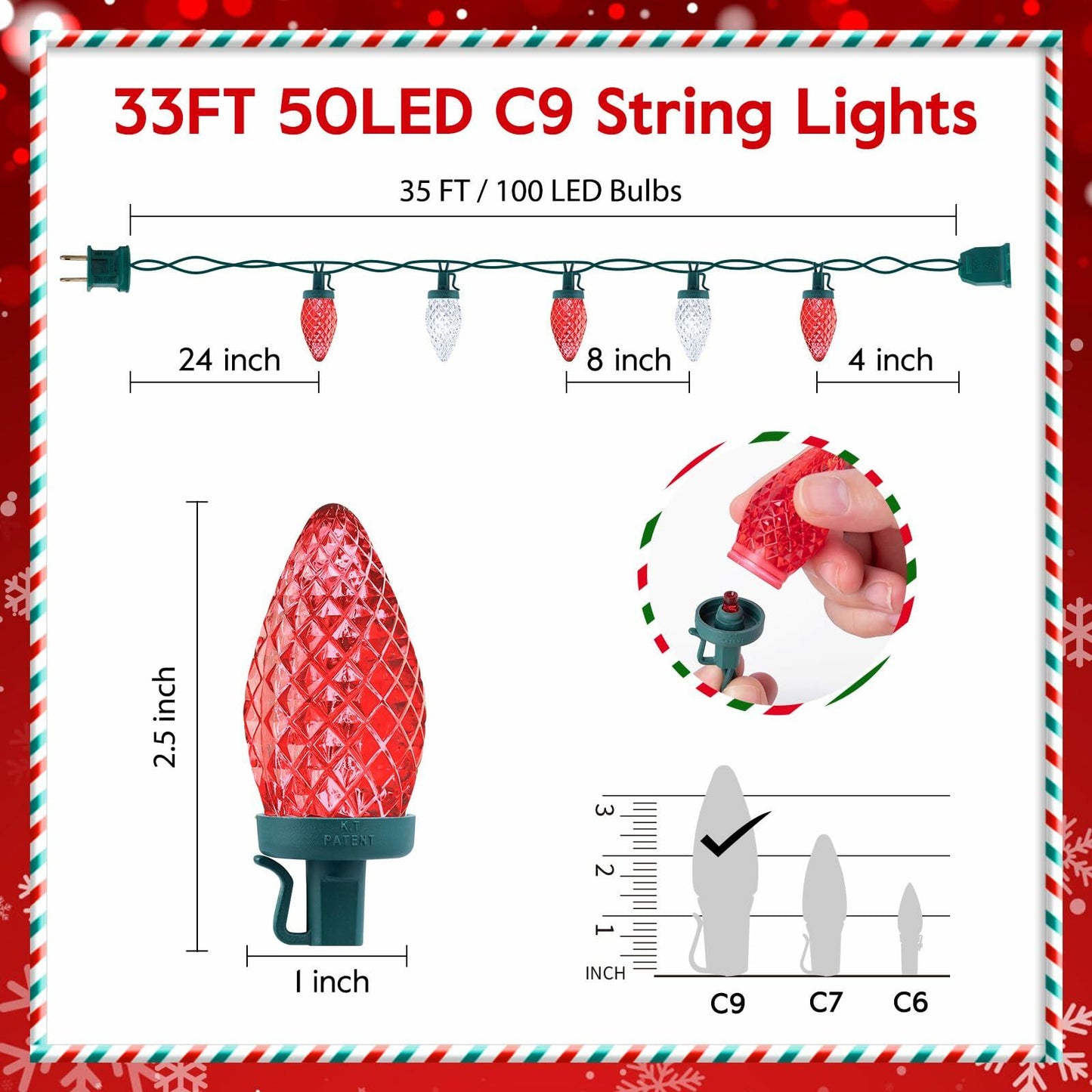 Brightown C9 LED Christmas String Lights 33ft 50 LED Red Waterproof Green Wire