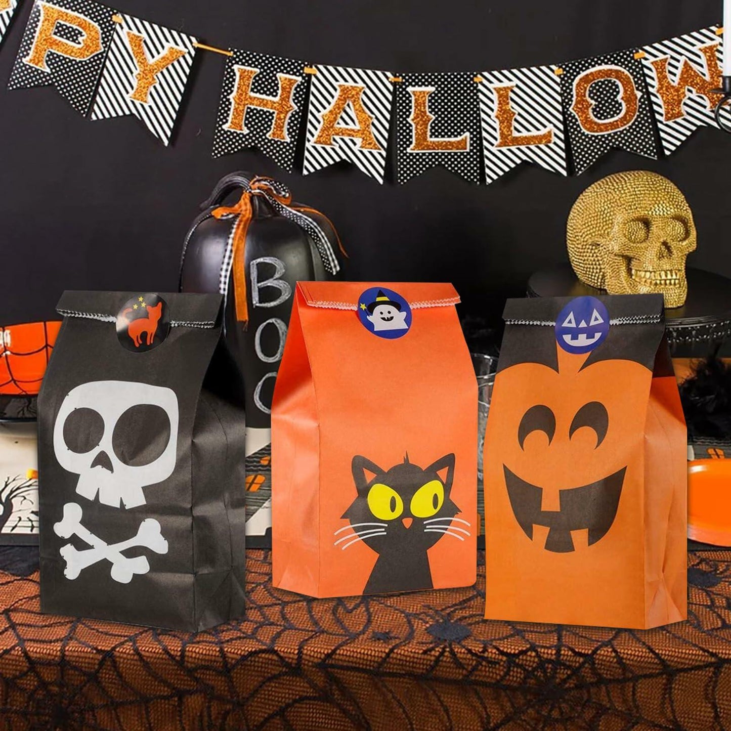 Mucinia Halloween Candy Bags & Stickers Paper Goodie Bags 60PCS Party Favors