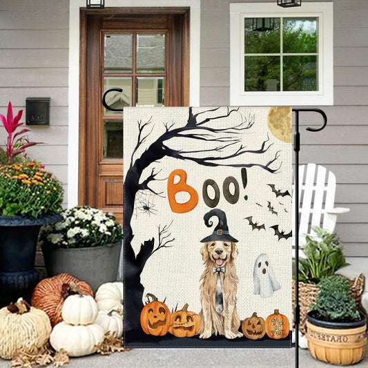DLZDN Halloween Boo Dog Garden Flag Pumpkin Golden Retriever 12x18 Burlap