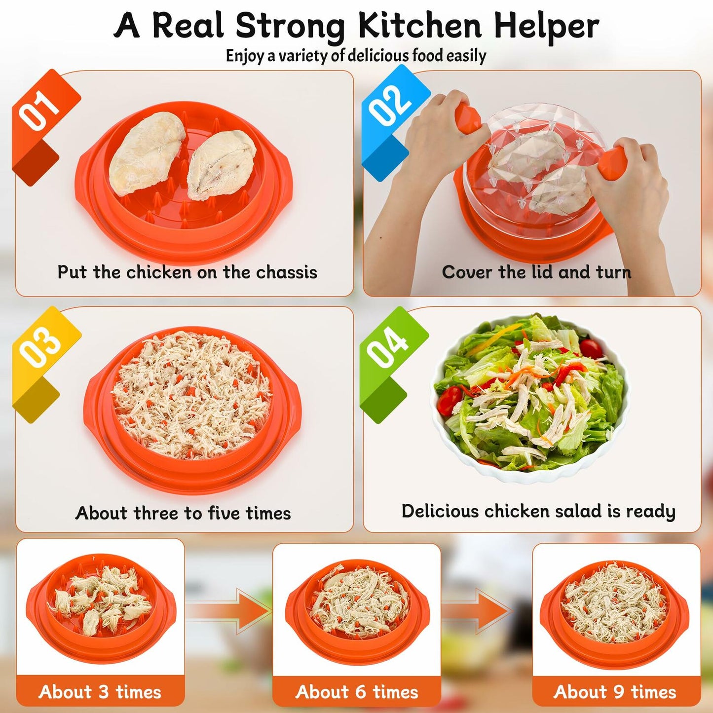 Chicken Shredder Tool Twist Large 10" with Brush Orange BPA Free Ergonomic