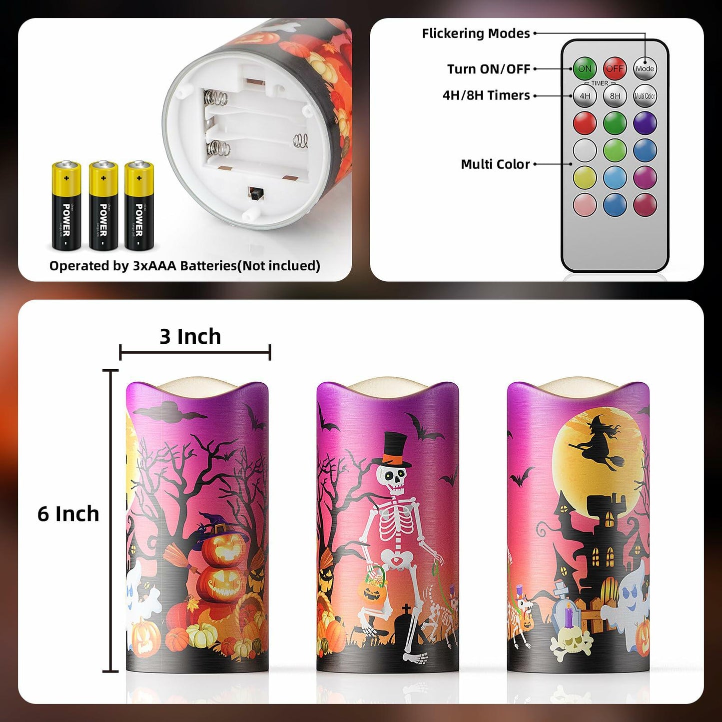 Halloween Candles 3x6 Set of 3 LED 12 Colors Remote Control