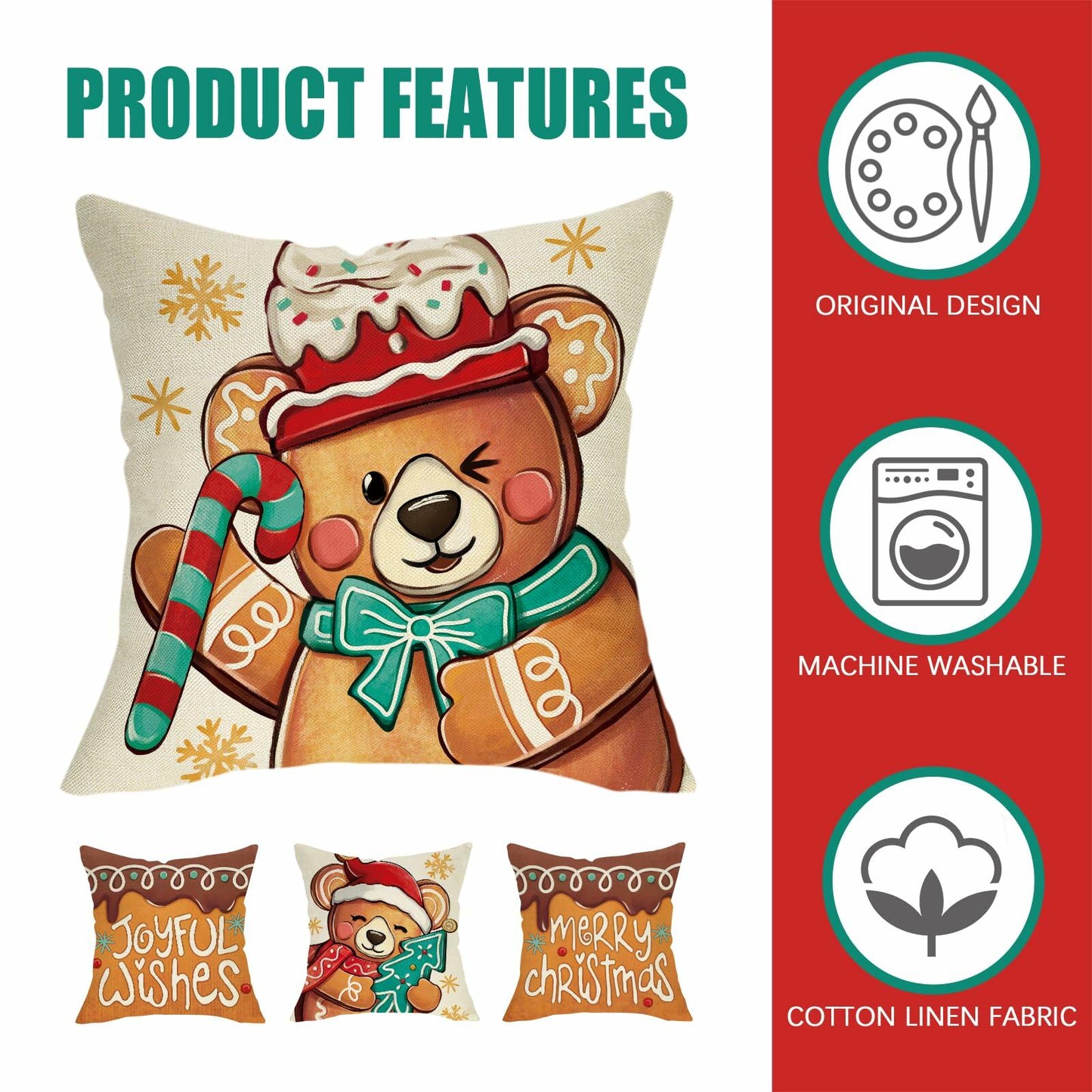 Fahrendom Christmas Bear Deer Throw Pillow Covers 18x18 Set of 4 Pink