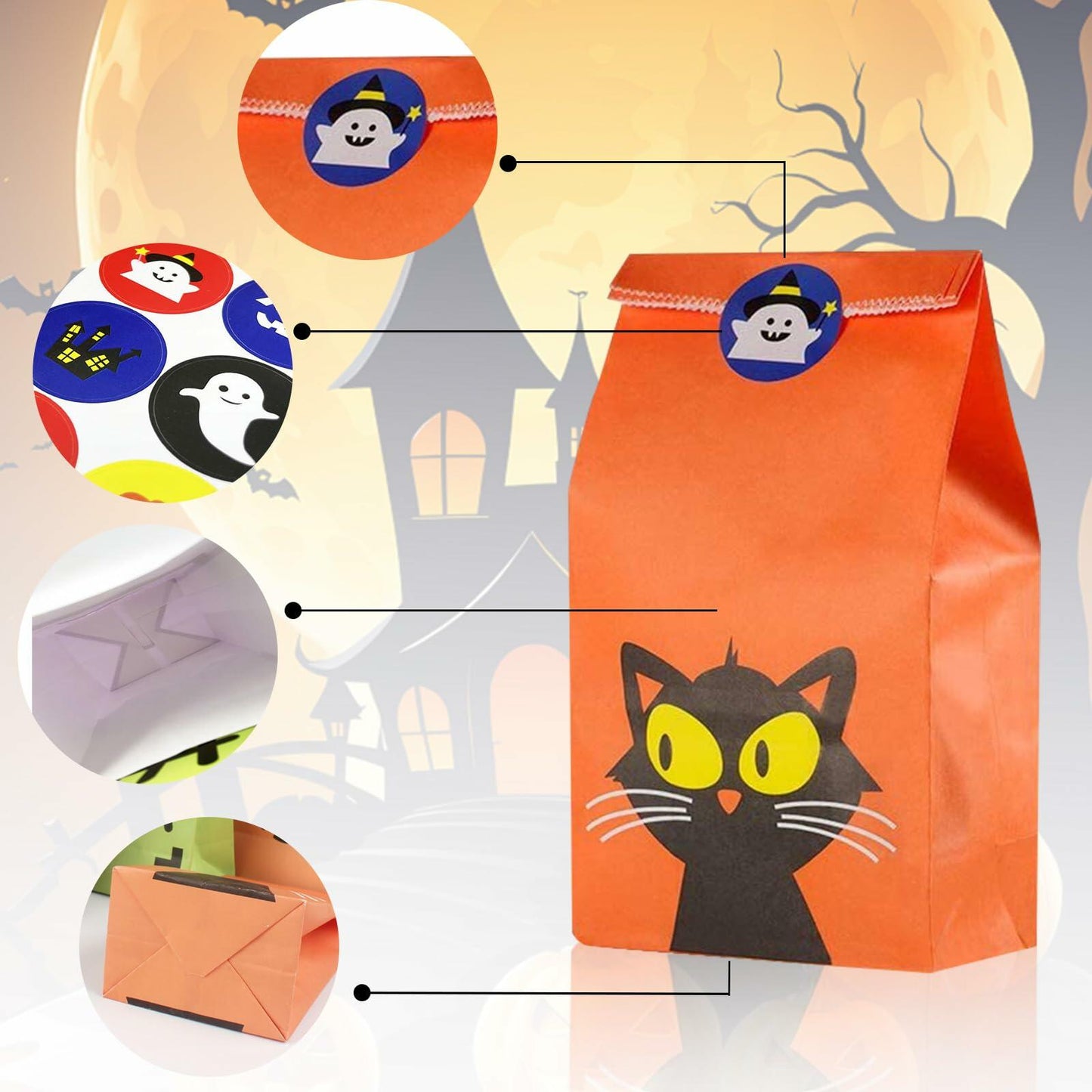 Mucinia Halloween Candy Bags & Stickers Paper Goodie Bags 60PCS Party Favors