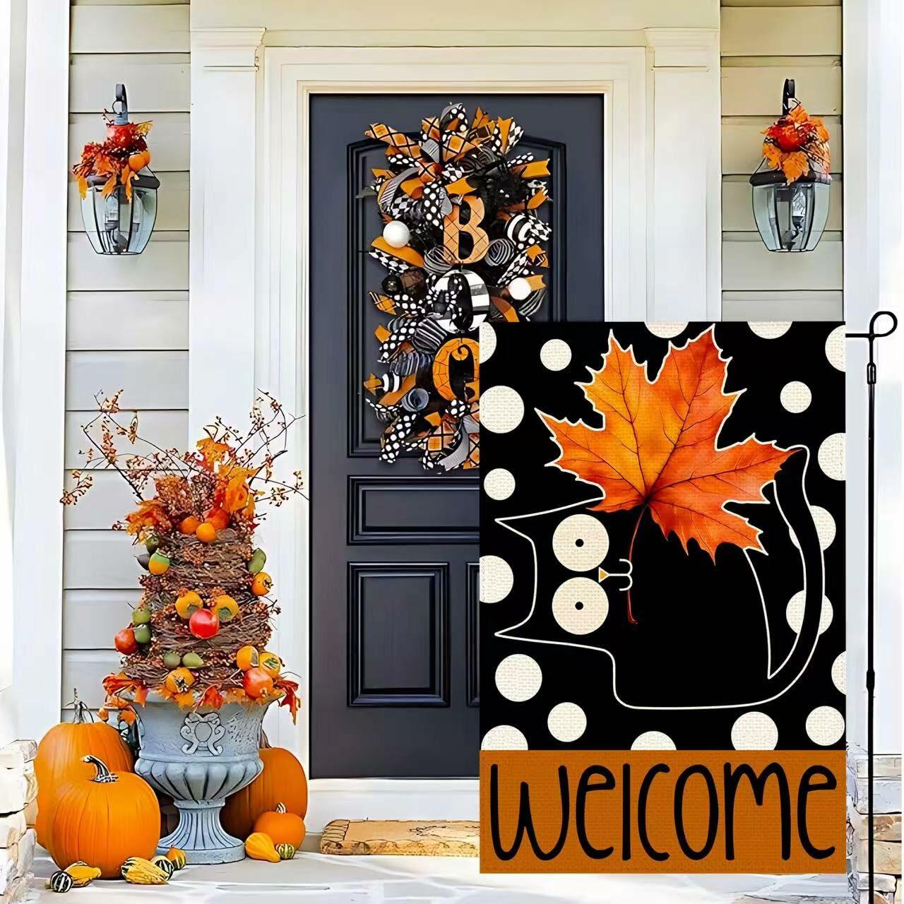 Halloween Garden Flag 12x18in Double Sided Black Cat Yard Outdoor Decor