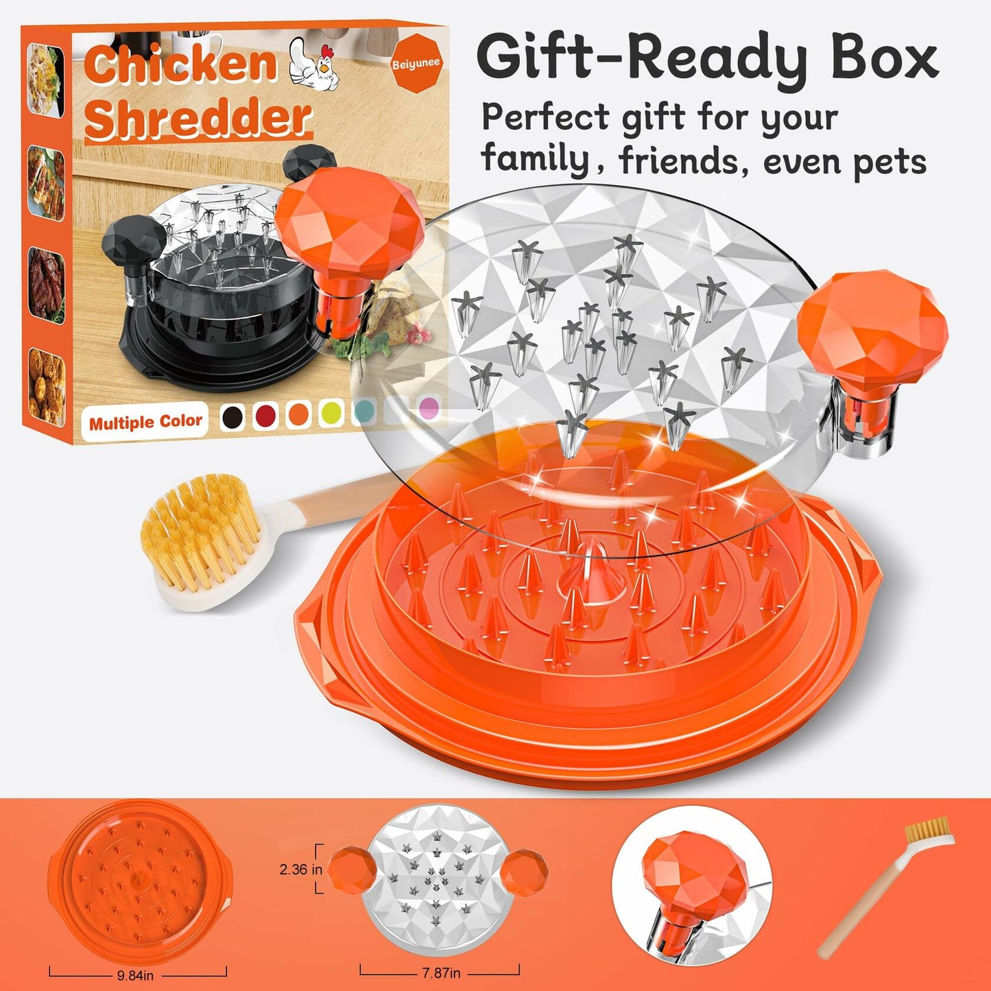 Chicken Shredder Tool Twist Large 10" with Brush Orange BPA Free Ergonomic