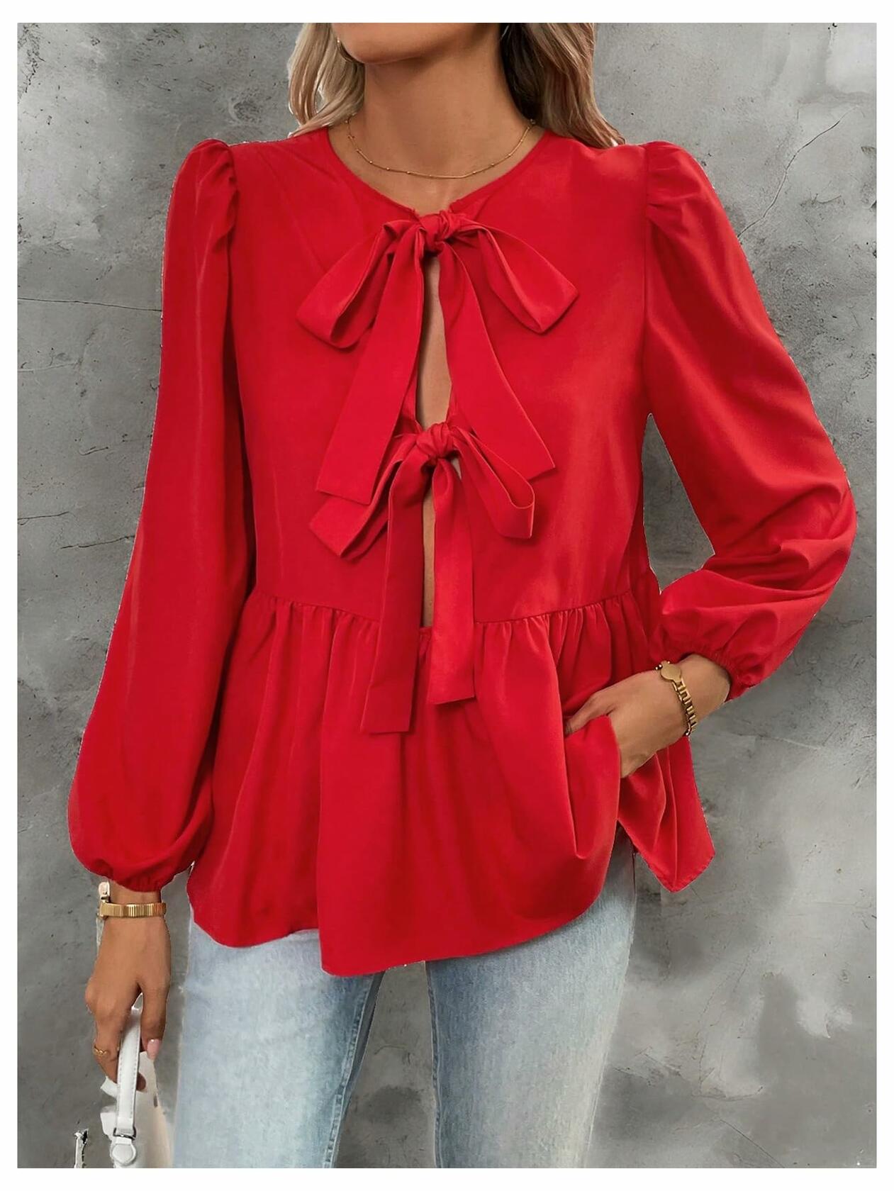 GORGLITTER Women's Bow Tie Front Peplum Puff Sleeve Top Red Size M