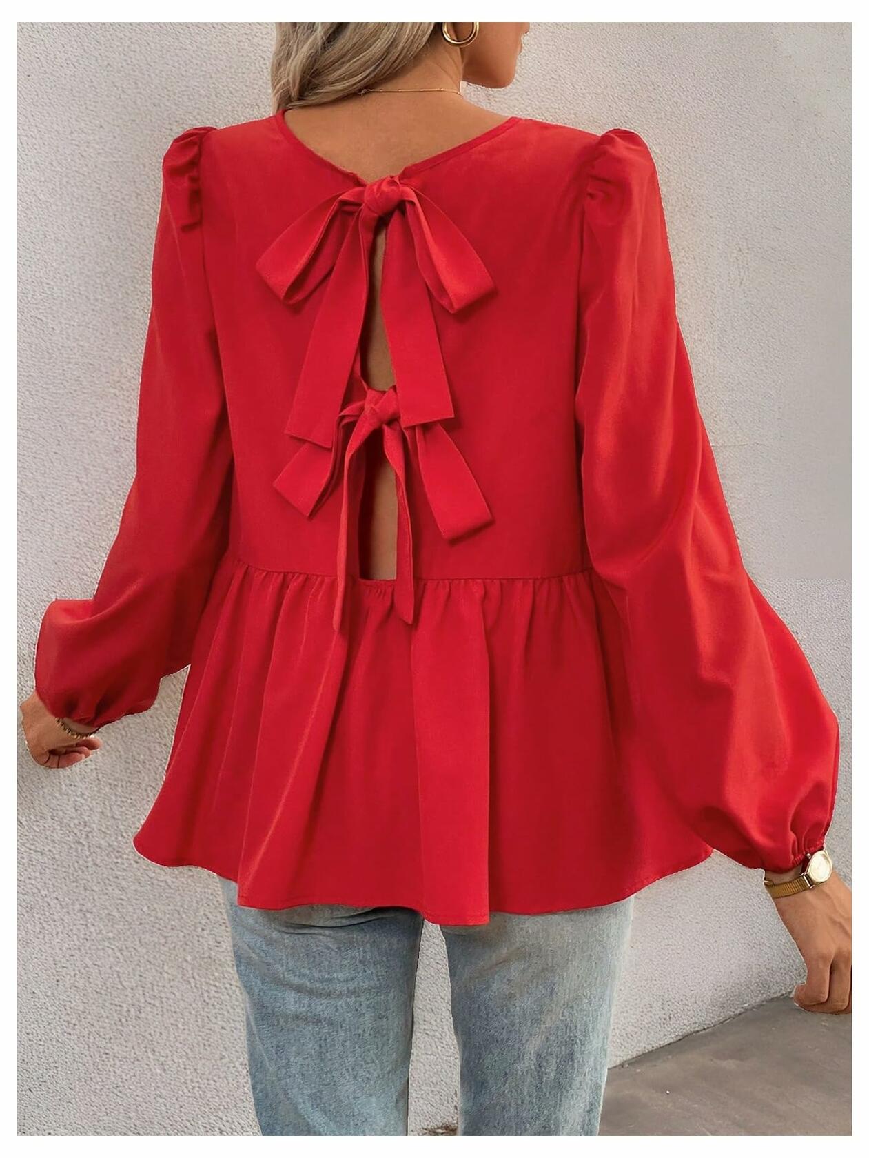 GORGLITTER Women's Bow Tie Front Peplum Puff Sleeve Top Red Size M
