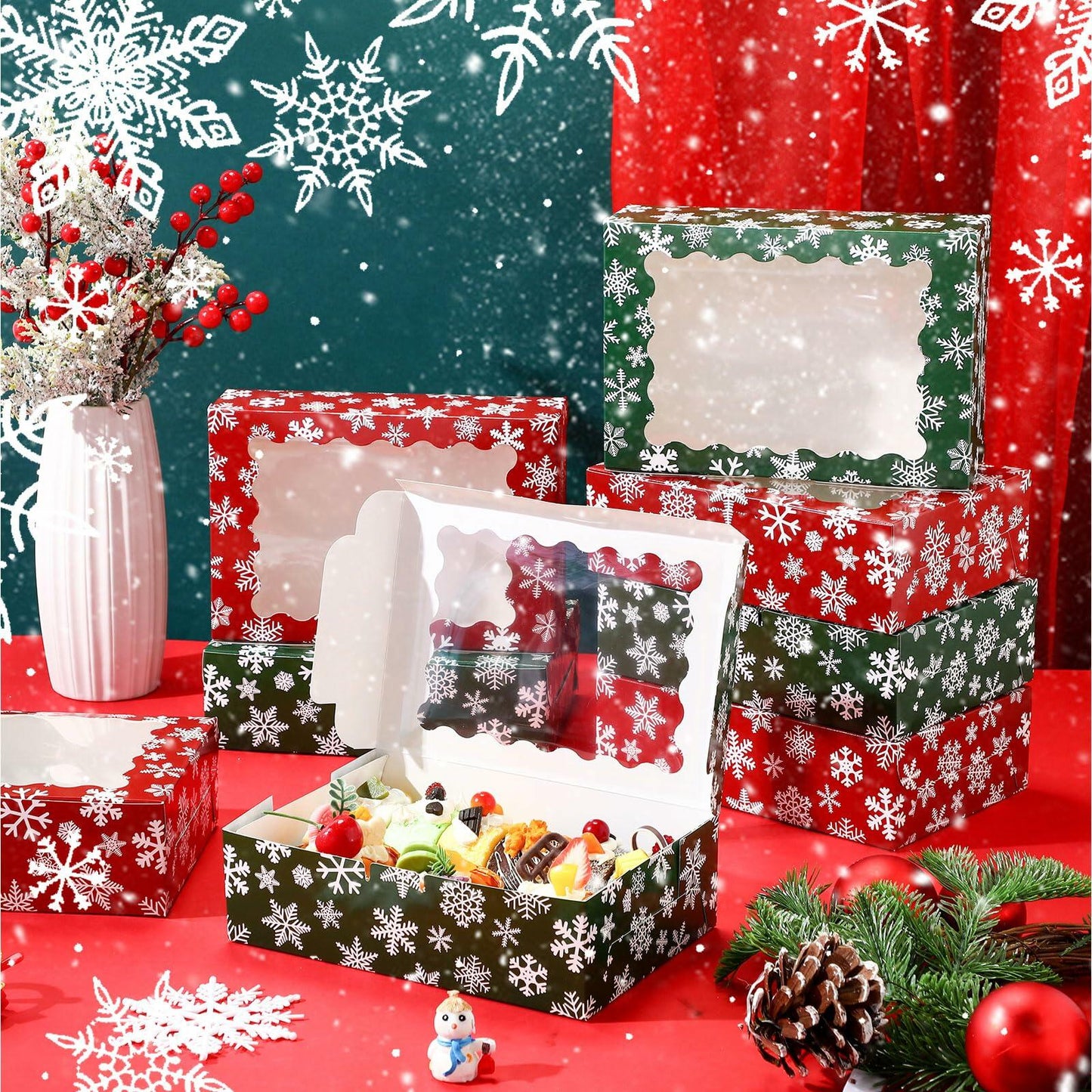 Gersoniel 24 Pcs Christmas Cookie Boxes 8.6x6x2.5in Red Green Snowflake