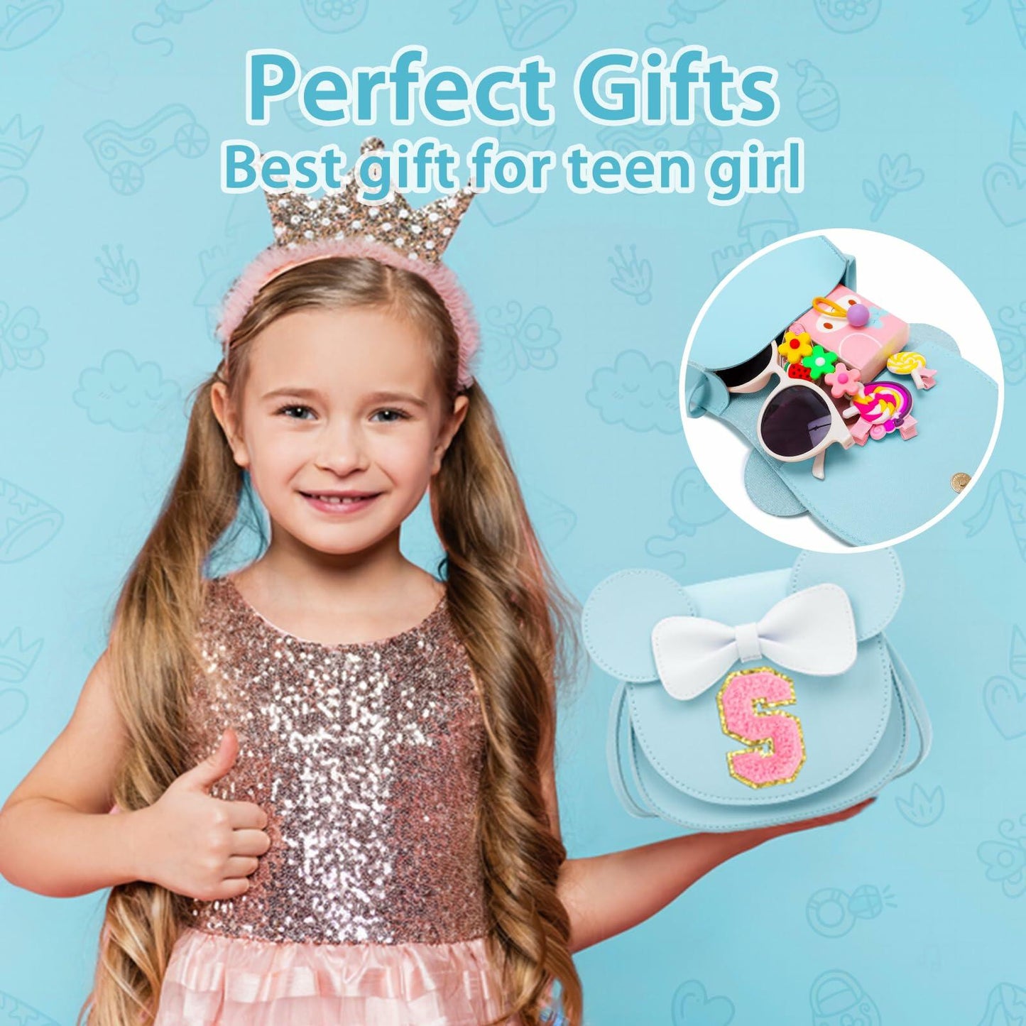 OYLOLA Toddler Girls Purse Initial Birthday Gift Blue X Ages 3-8