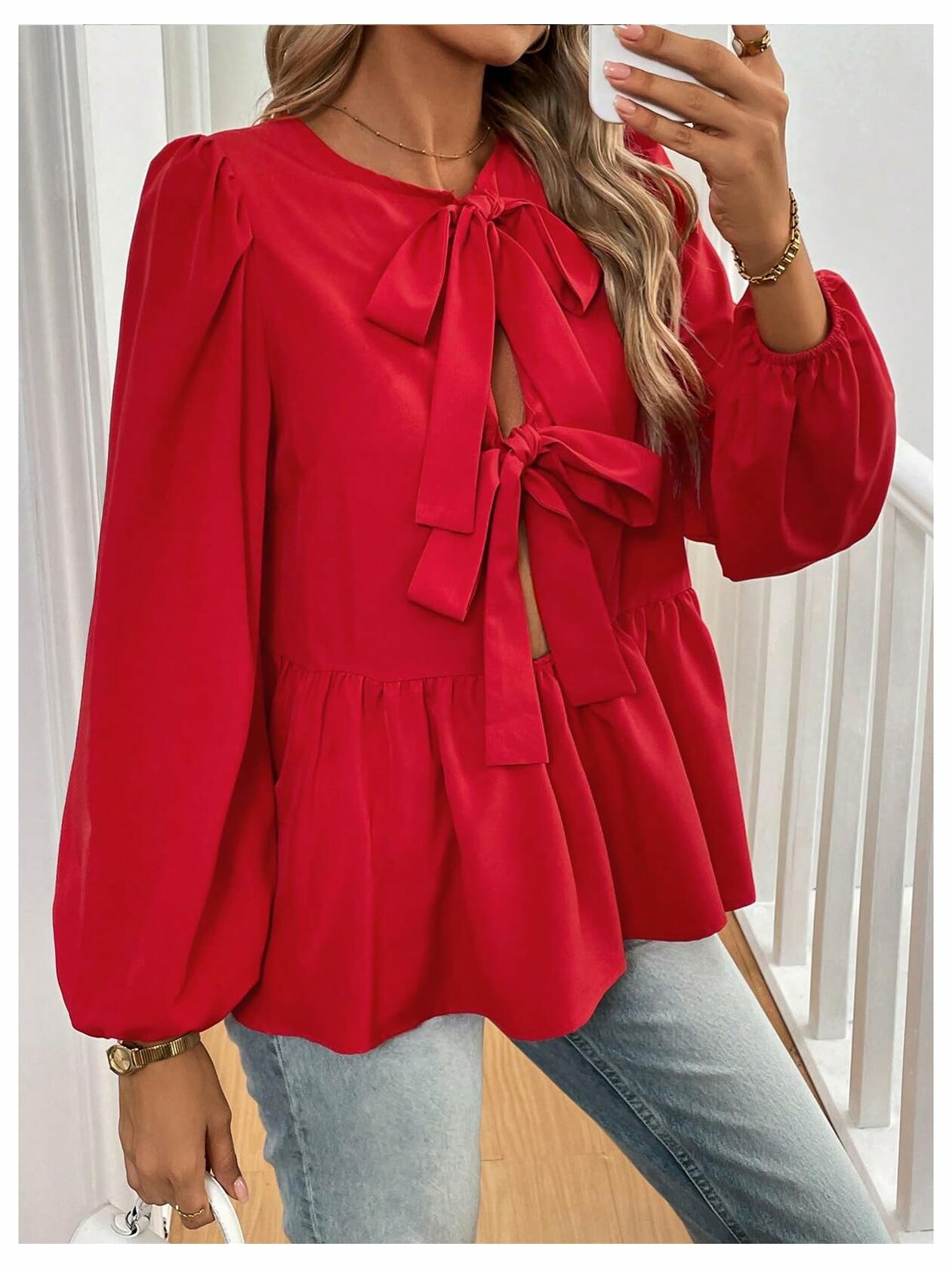 GORGLITTER Women's Bow Tie Front Peplum Puff Sleeve Top Red Size M