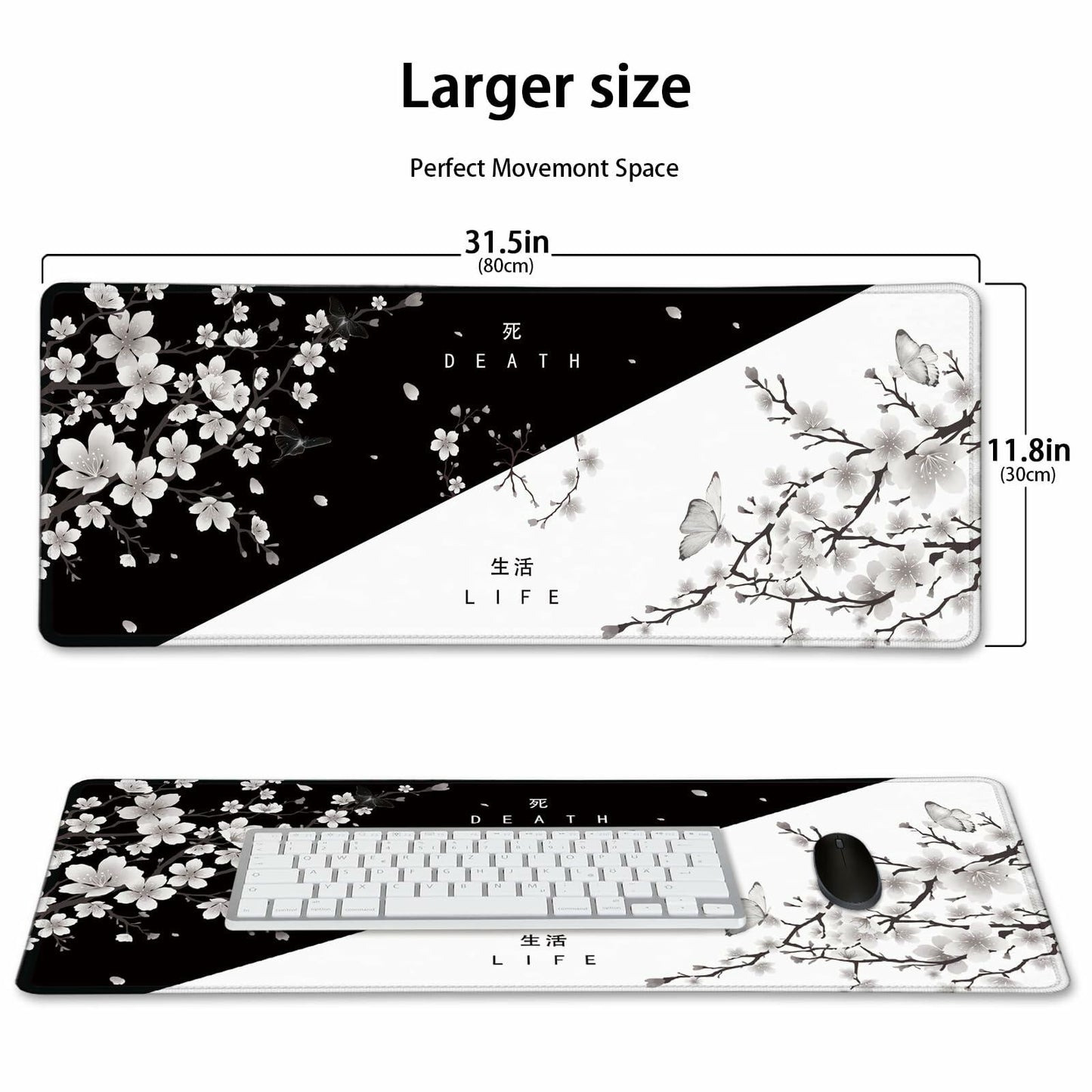 IF FEEL Cherry Blossom Yin Yang Mouse Pad XL 31.5x11.8 Inch Black White