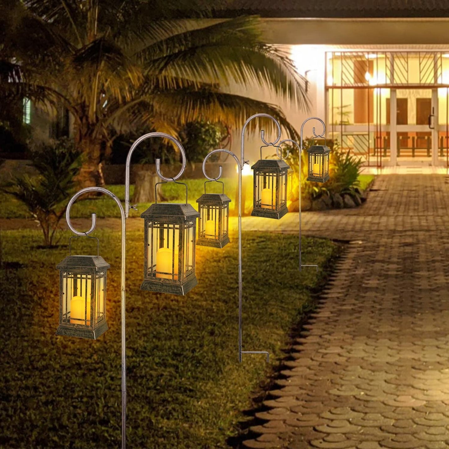 Solar Pathway Lights Outdoor Waterproof Hanging Lanterns Flickering Candle