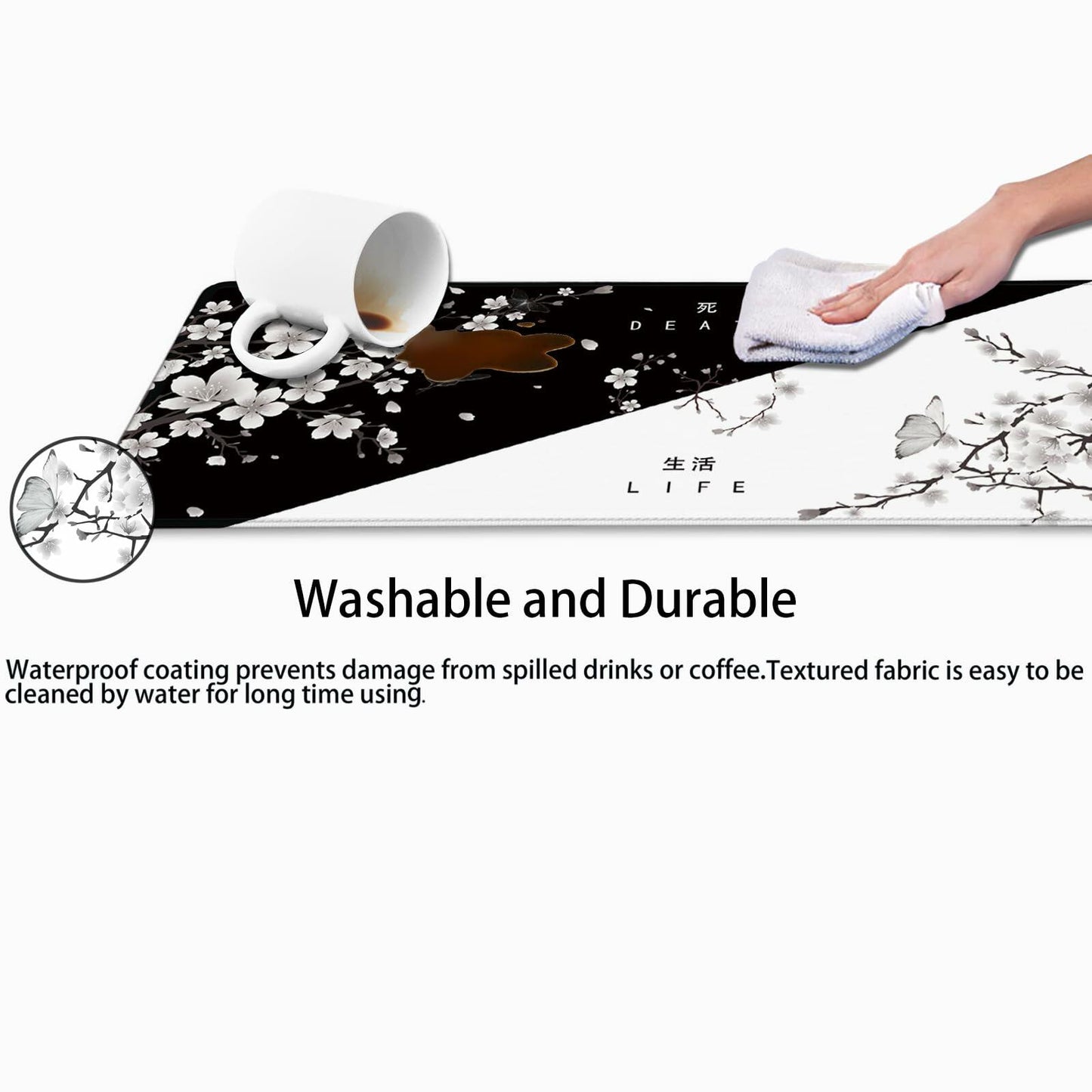 IF FEEL Cherry Blossom Yin Yang Mouse Pad XL 31.5x11.8 Inch Black White