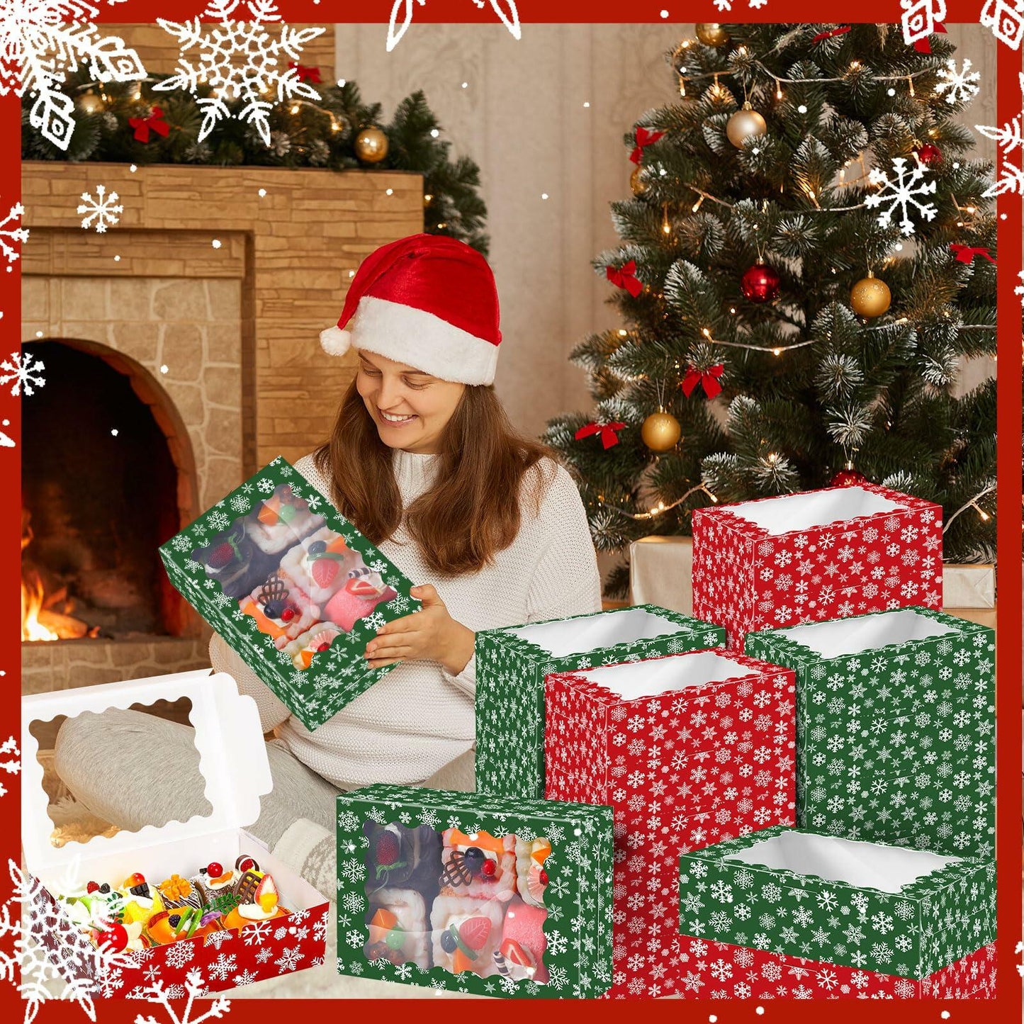 Gersoniel 24 Pcs Christmas Cookie Boxes 8.6x6x2.5in Red Green Snowflake