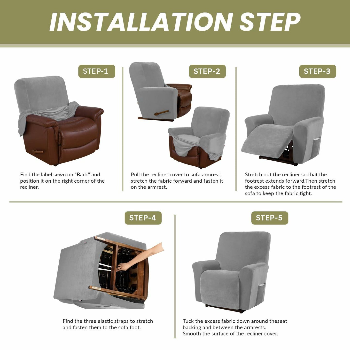 AZON Velvet Stretch Recliner Chair Cover Elastic Protector Charcoal 1-Pc