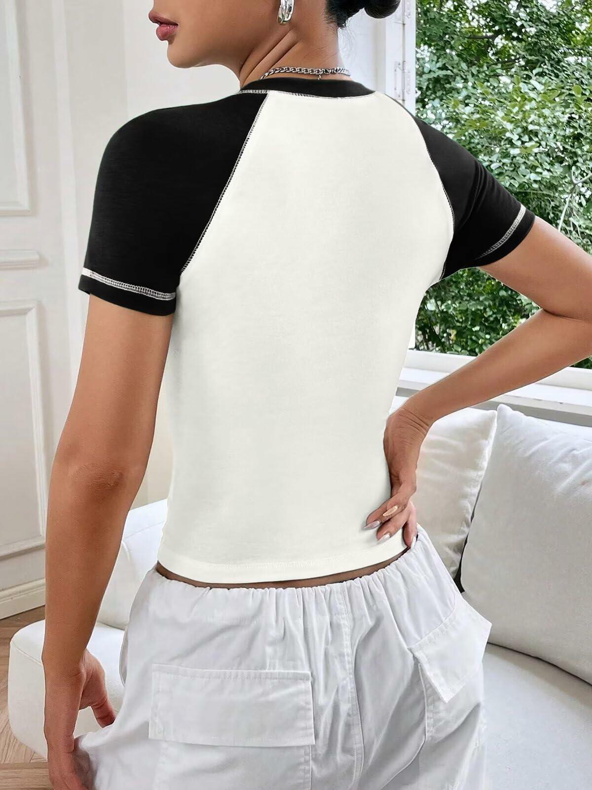 Women's Short Sleeve Crewneck Slim Fit White with Black Sleeve T Shirt Size S