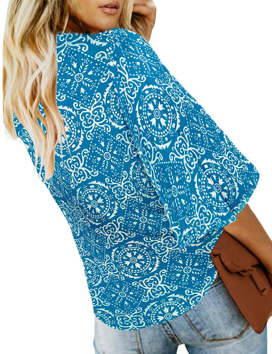 luvamia Women's V Neck 3/4 Bell Sleeve Button Down Top Blue Size M