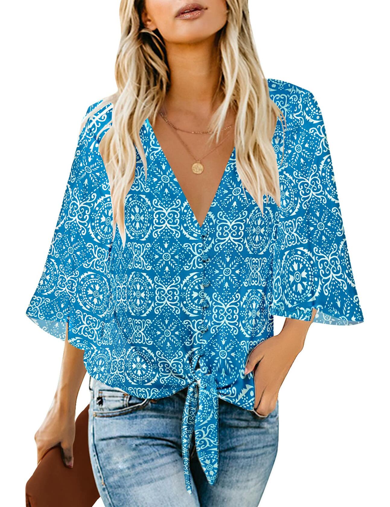 luvamia Women's V Neck 3/4 Bell Sleeve Button Down Top Blue Size M