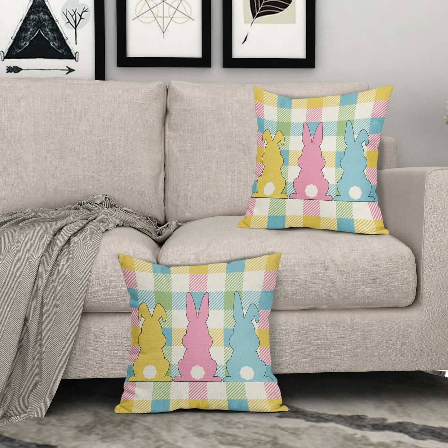 Easter Pillow Covers Set of 2 18x18 Inch Bunny Buffalo Plaid Colorful