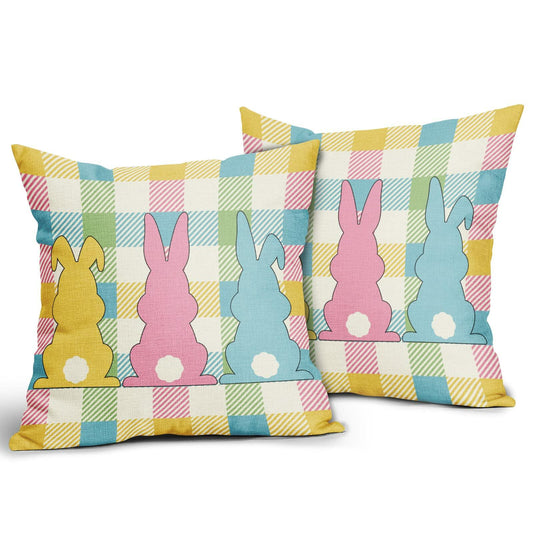 Easter Pillow Covers Set of 2 18x18 Inch Bunny Buffalo Plaid Colorful