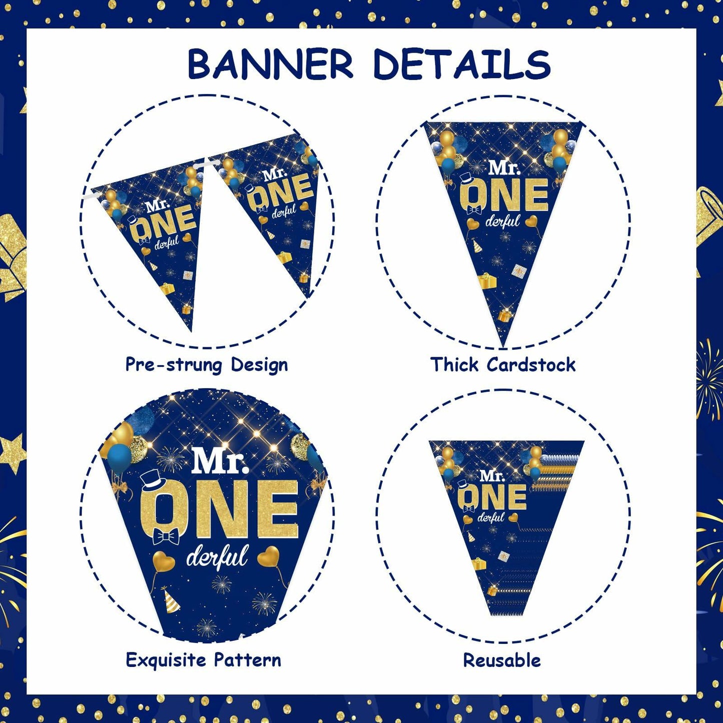 Mr. Onederful 1st Birthday Boy Triangle Banner Blue Party Decorations