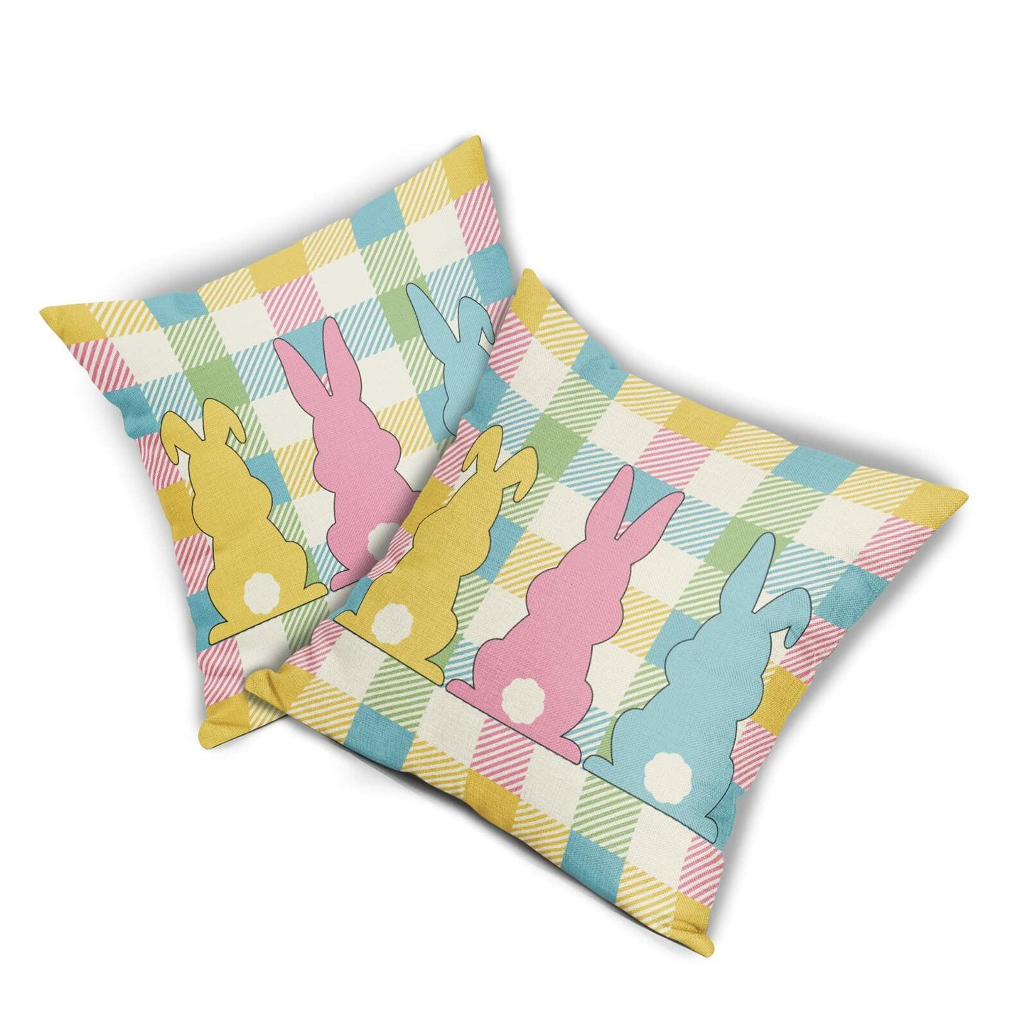 Easter Pillow Covers Set of 2 18x18 Inch Bunny Buffalo Plaid Colorful