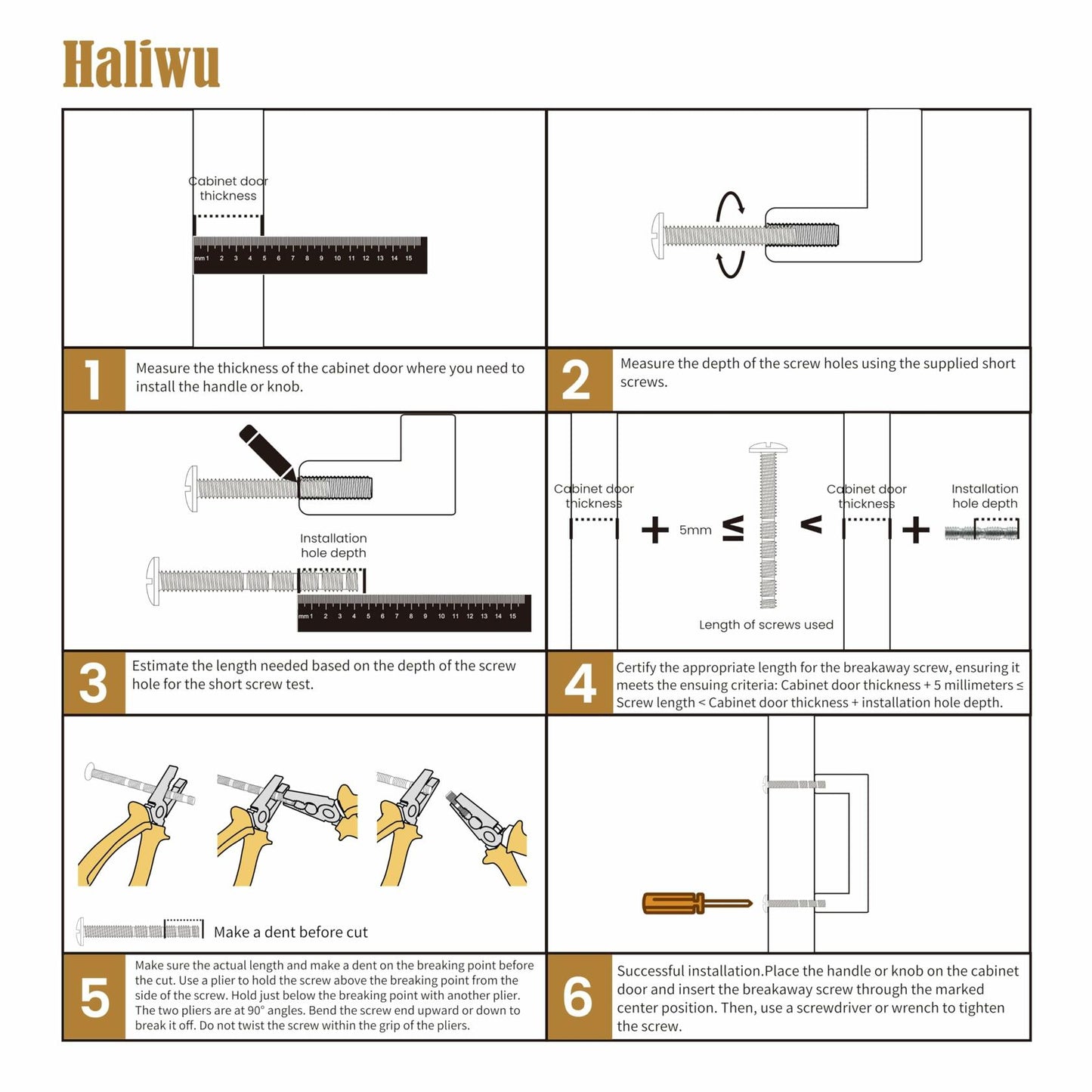 Haliwu 6 Pack Brushed Gold Cabinet Handles 3-3/4 Inch Hole Center