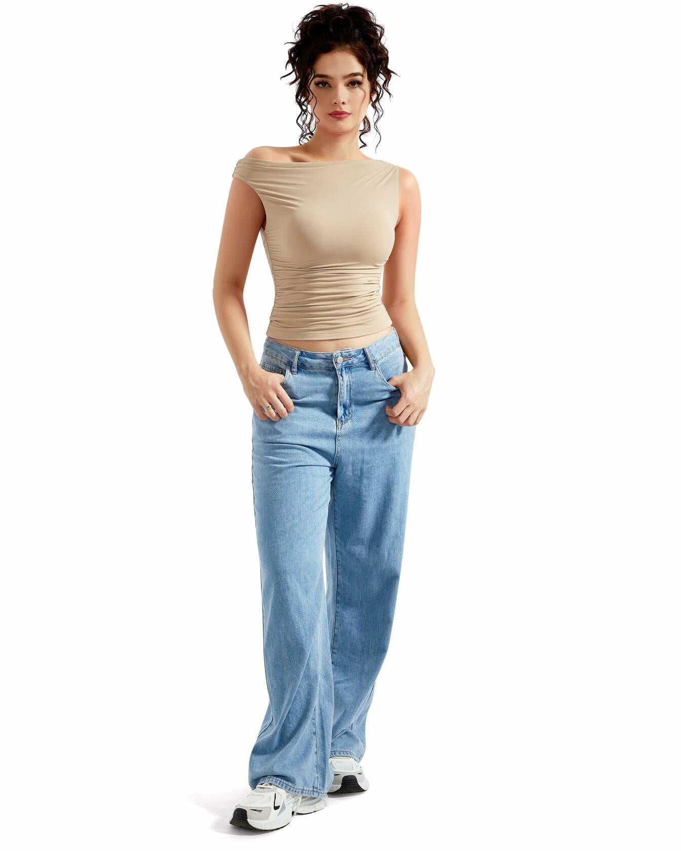 MOOSLOVER Women Off Shoulder Double Lined Fitted Crop Top Nude Size M