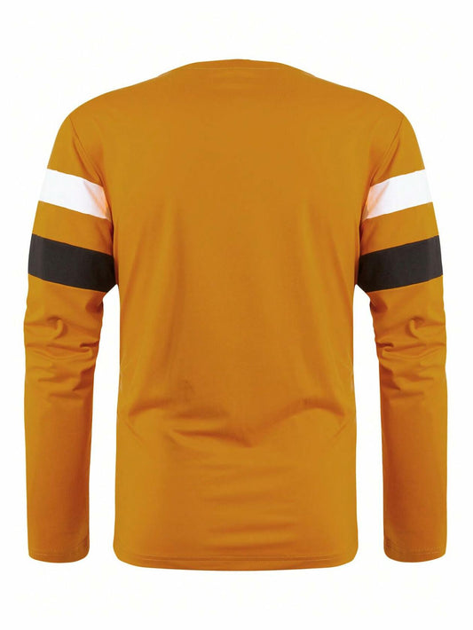 COZYEASE Men's Color Block Striped Long Sleeve Tee Mustard Yellow Size XL