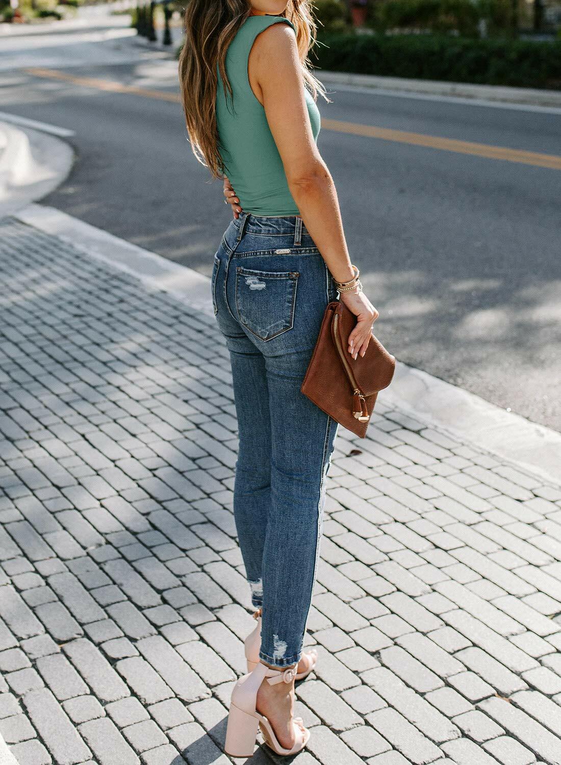 Women Sleeveless Pads Shoulder Bodycon Bodysuit Tank Top Pink Size XL