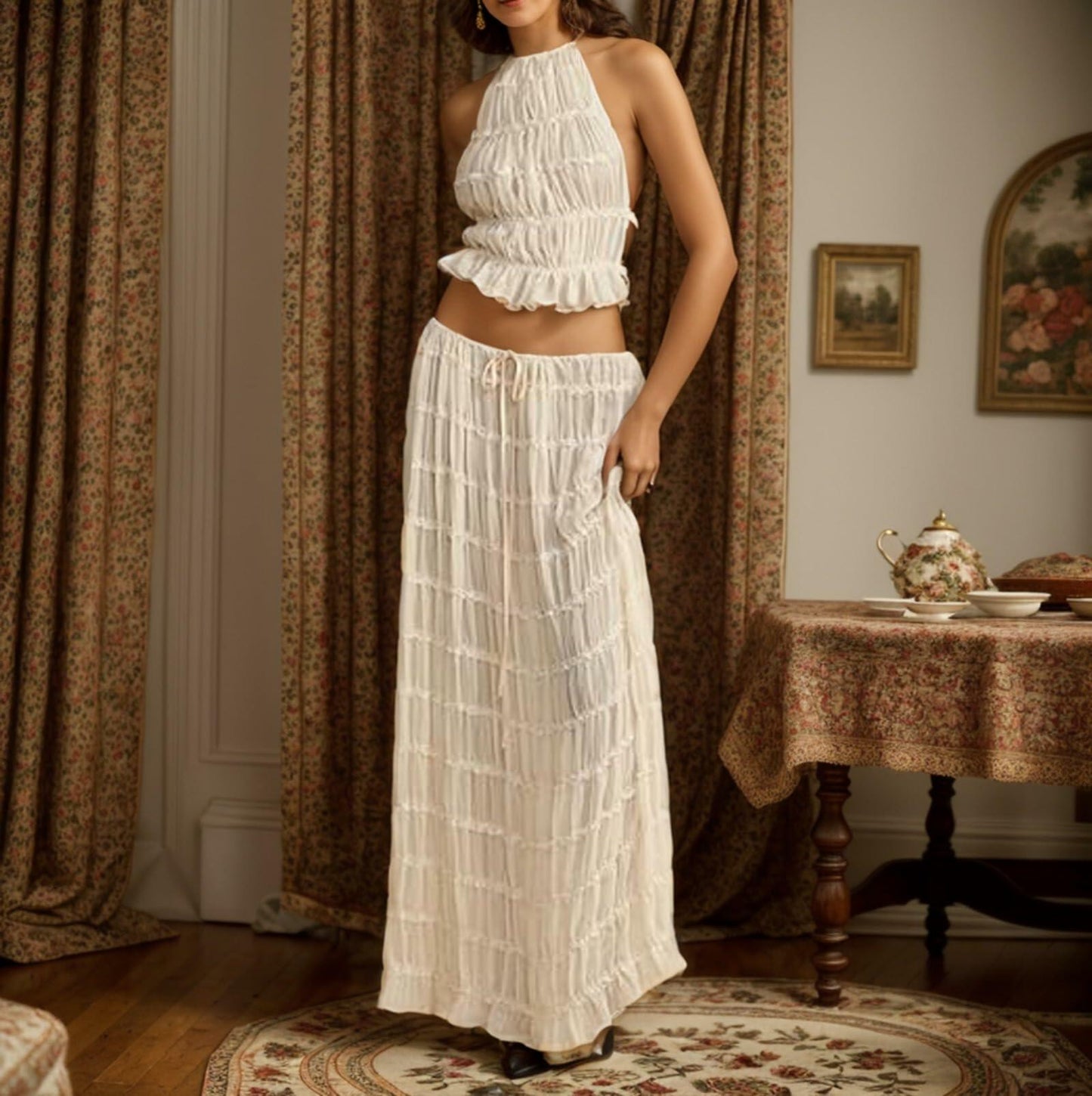 Women's Backless Halter Tank Top & Pleated Maxi Skirt Set Off-white Size S